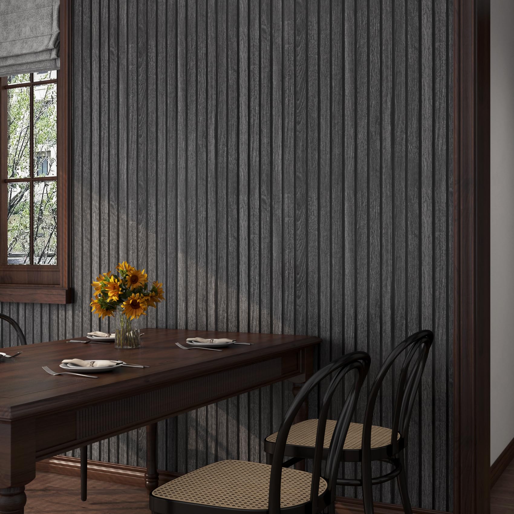 FunStick 60CM×5M Carta da Parati Adesiva Muro 3D Nero Soggiorno Moderna PVC Carta da Parati Legno Carte Autoadesiva Top Cucina Piano Lavoro Pellicola Adesiva per Top Cucina Effetto Legno Nero Grigio