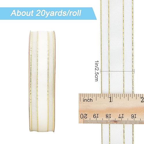 Miniatura 2 de GORGECRAFT Cinta de oro amarillo de 20 yardas, cinta de malla con alambre de organza transparente de 1 pulgada, cinta metálica con purpurina