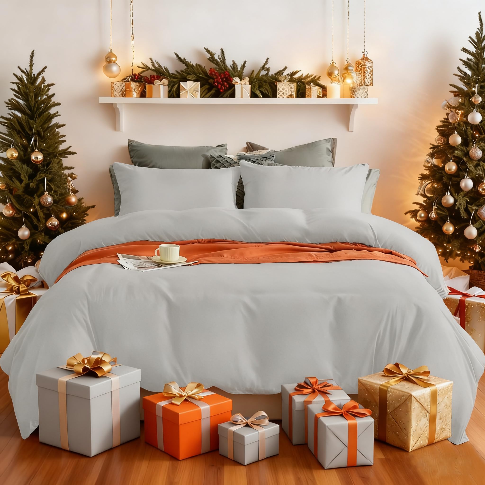 AYSW Warm Bedding Set and Fitted Sheet 110GSM 4 Pieces Brushed Microfiber with 1 Duvet Cover 2 Pillowcases and 1 Fitted Sheet (4 PCS Double, Light Grey)