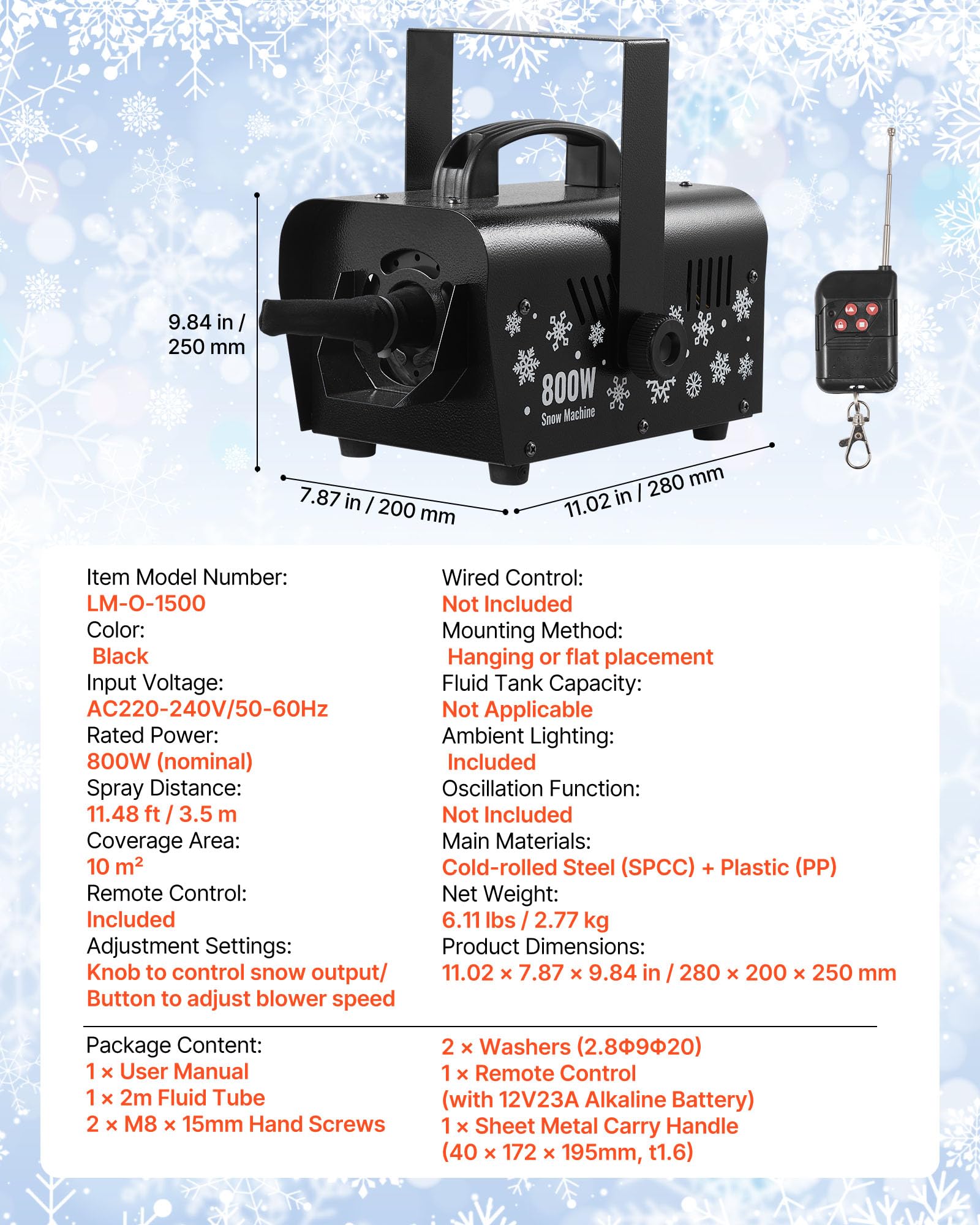 VEVOR Machine à Neige 1500 W, Machine à Flocons de Neige Artificielle Portative Suspendue, avec Télécommande sans Fil, Réservoir 5 L, pour Fêtes de Noël, Effet de Scène, Décoration Extérieur Intérieur