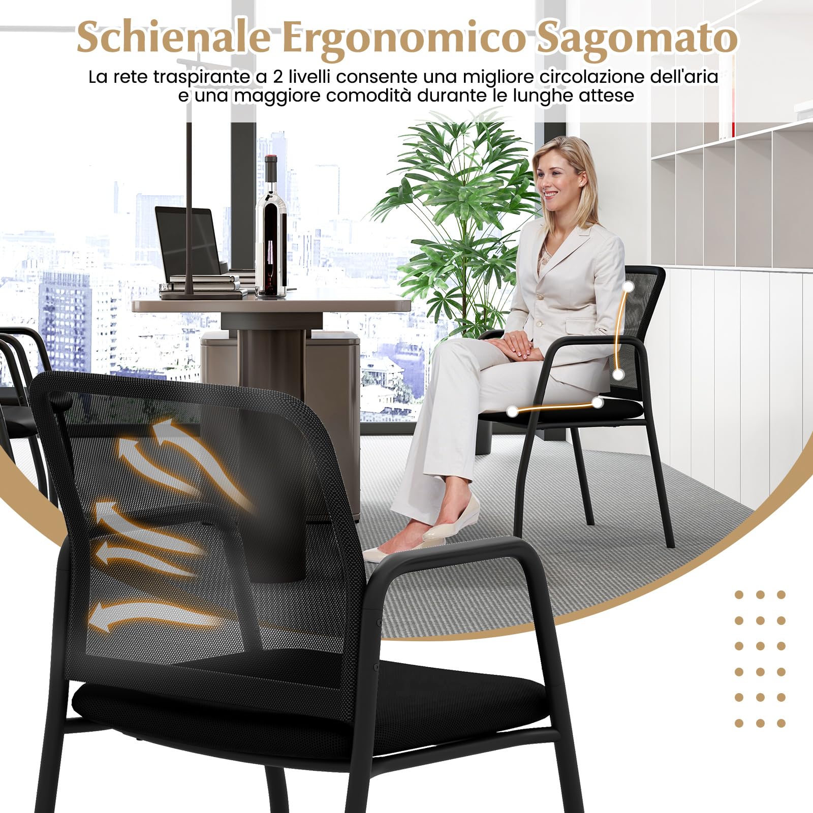 COSTWAY Set di 2 Sedie da Attesa, Sedia da Ufficio con con Schienale in Rete Ergonomico, Sedia da Conferenza con Braccioli e Sedile Imbottito, Portata 150 kg