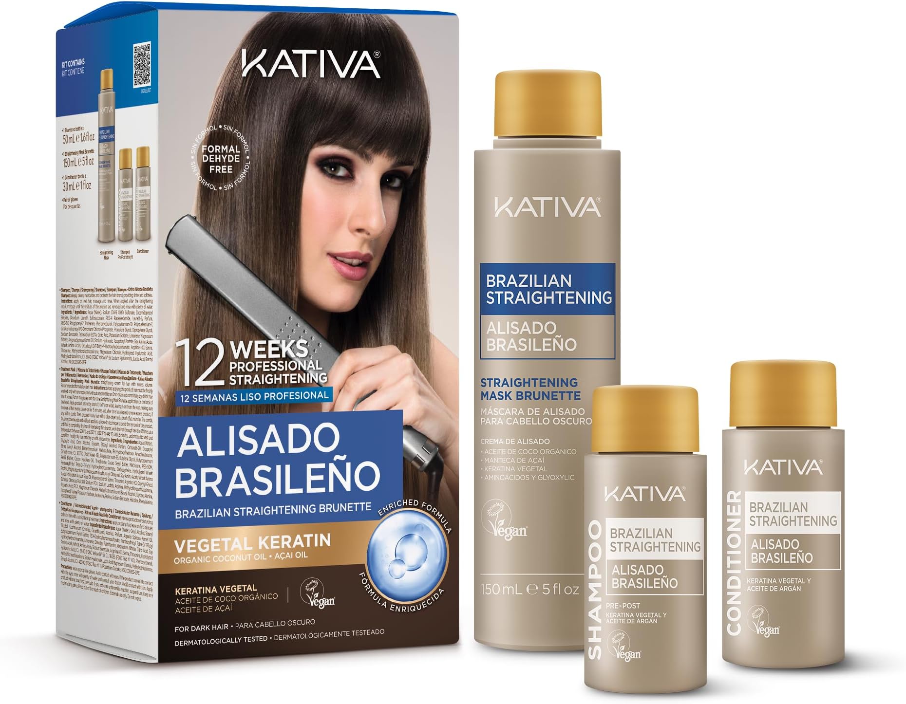 KATIVA Brazilian Keratin Hair Straightening Treatment Brunette, 12 Weeks Smooth Hair at Home, Anti Frizz Smoothing System, Hyaluronic Acid & Argan Oil, Formaldehyde Free