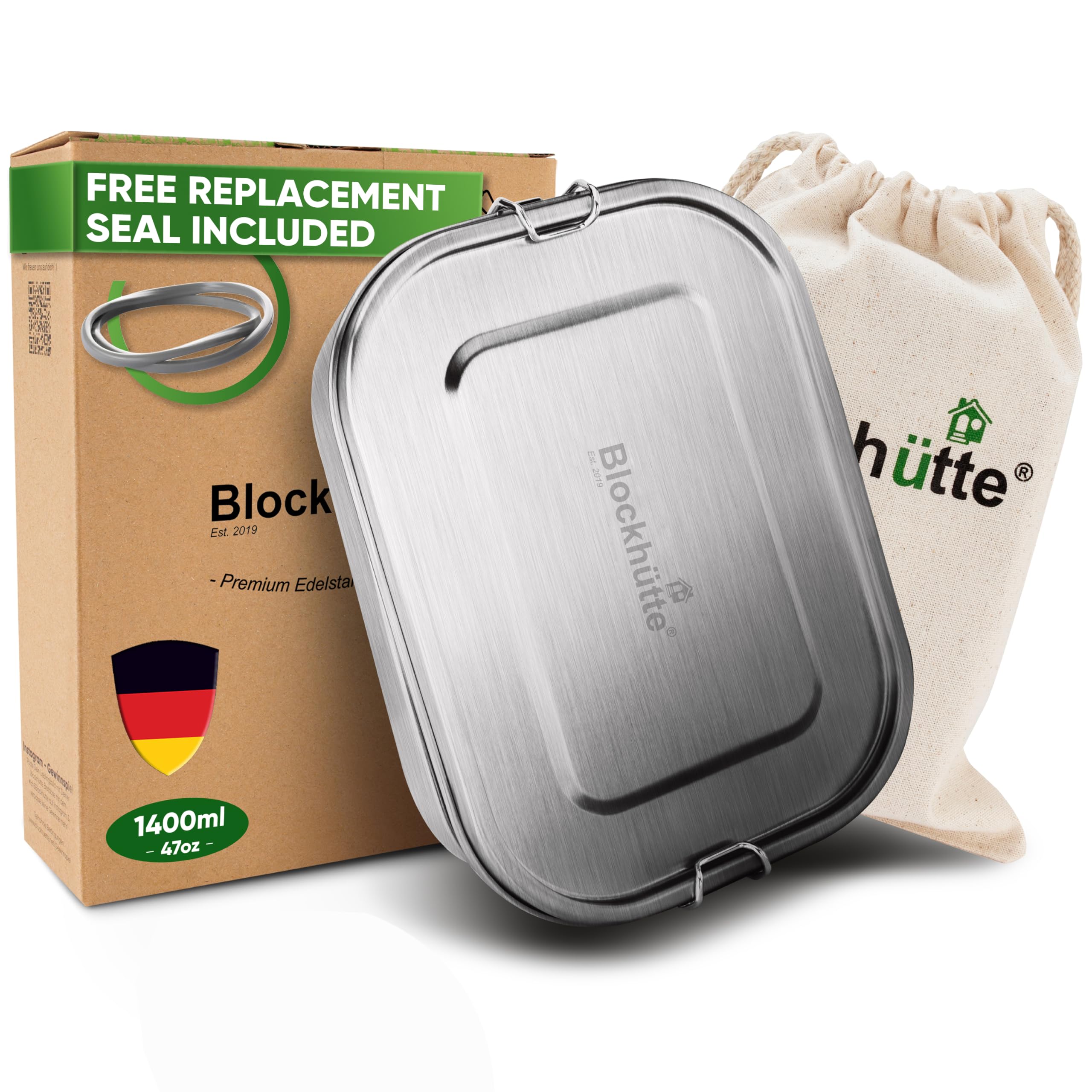Blockhütte Silver Stainless Steel Lunch Box For Kids And Adults I 1400Ml Metal Lunch Box I Metal Bento Boxes With 2 Movable Dividers – Leakproof Lunchbox – Stainless Steel Bento Box With Spare Seal
