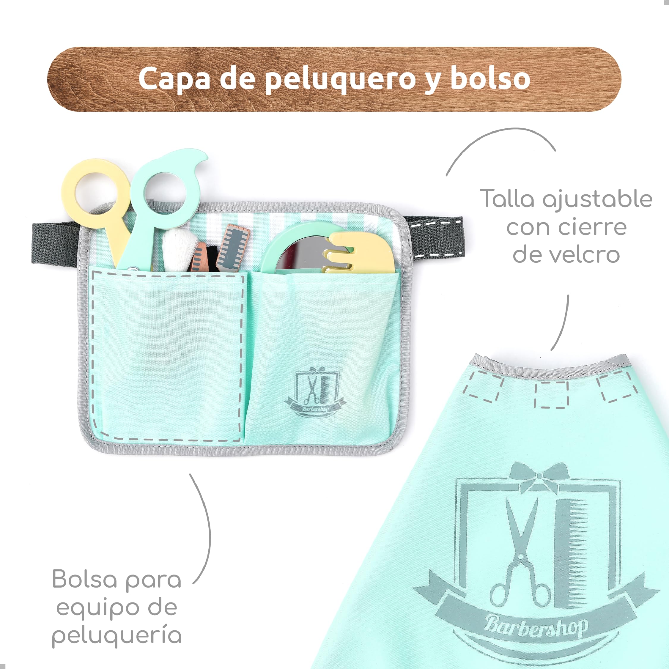 UMU® Juego de peluquería de madera para niños con bolsa para herramientas de peluquería que incluye capa, tijeras, etc. Juego de imitación de peluqueros, Juguete de 18 pzas. para niños de 3, 4, 5 años