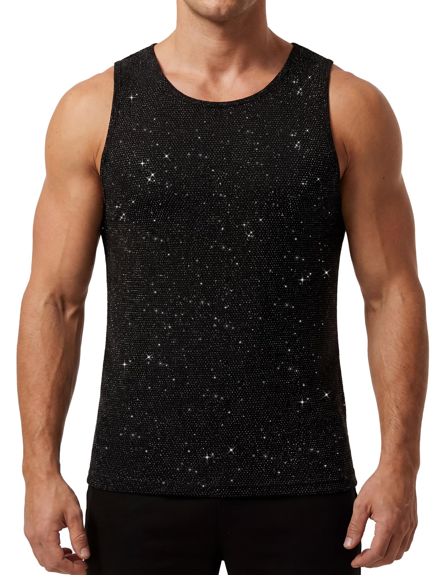 FEOYA Débardeur à paillettes pour homme - Avec strass métalliques - Col rond - Sans manches - Pour soirée discothèque, discothèque, discothèque - Pour l'été
