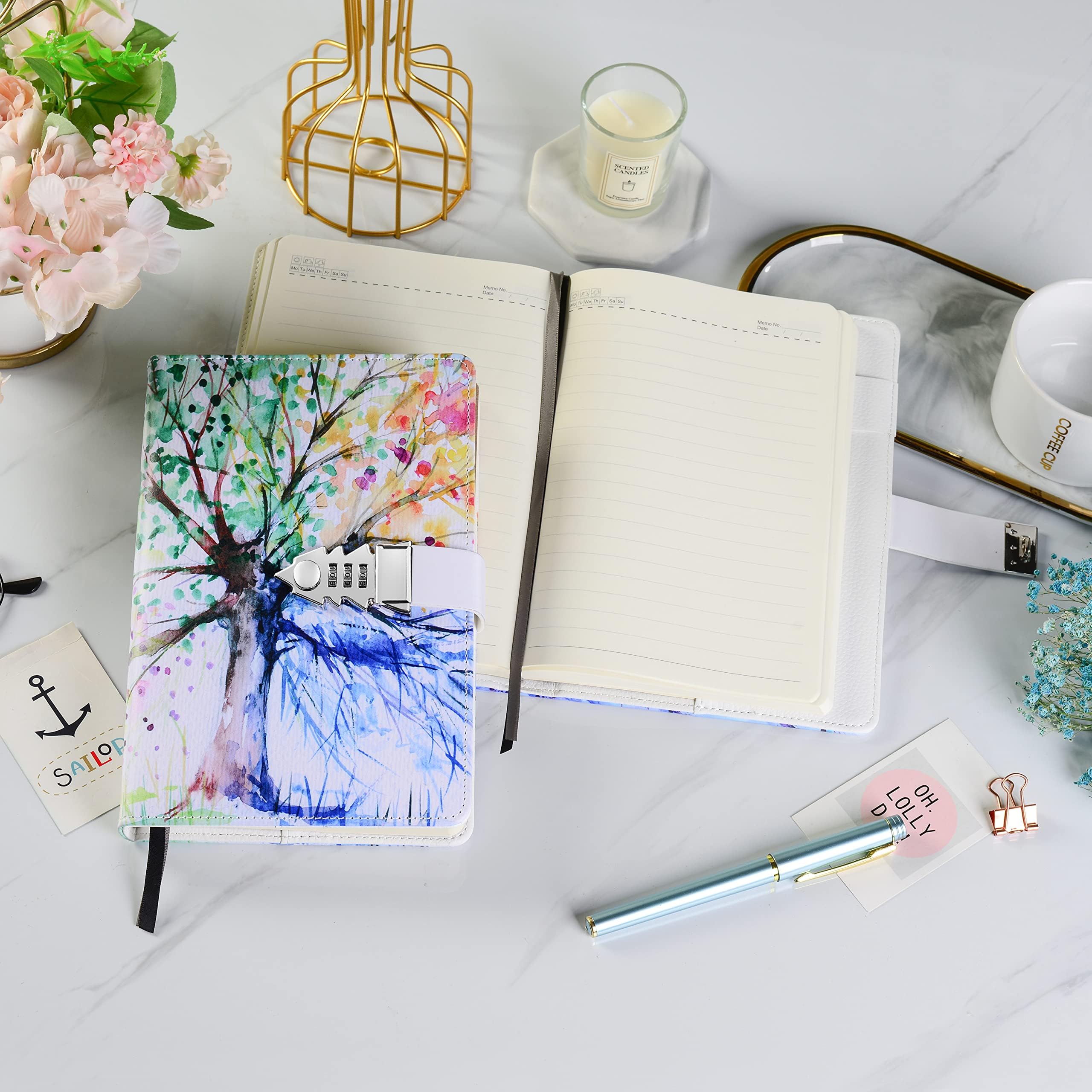 ZXHQ Journal Intime avec Code 21 x 15,5 cm – 224 pages, Carnet Secret pour Fille et Femme, Couverture en cuir PU, Motifs Élégants, Idéal pour Écriture Privée et Cadeau-Arbre des Saisons