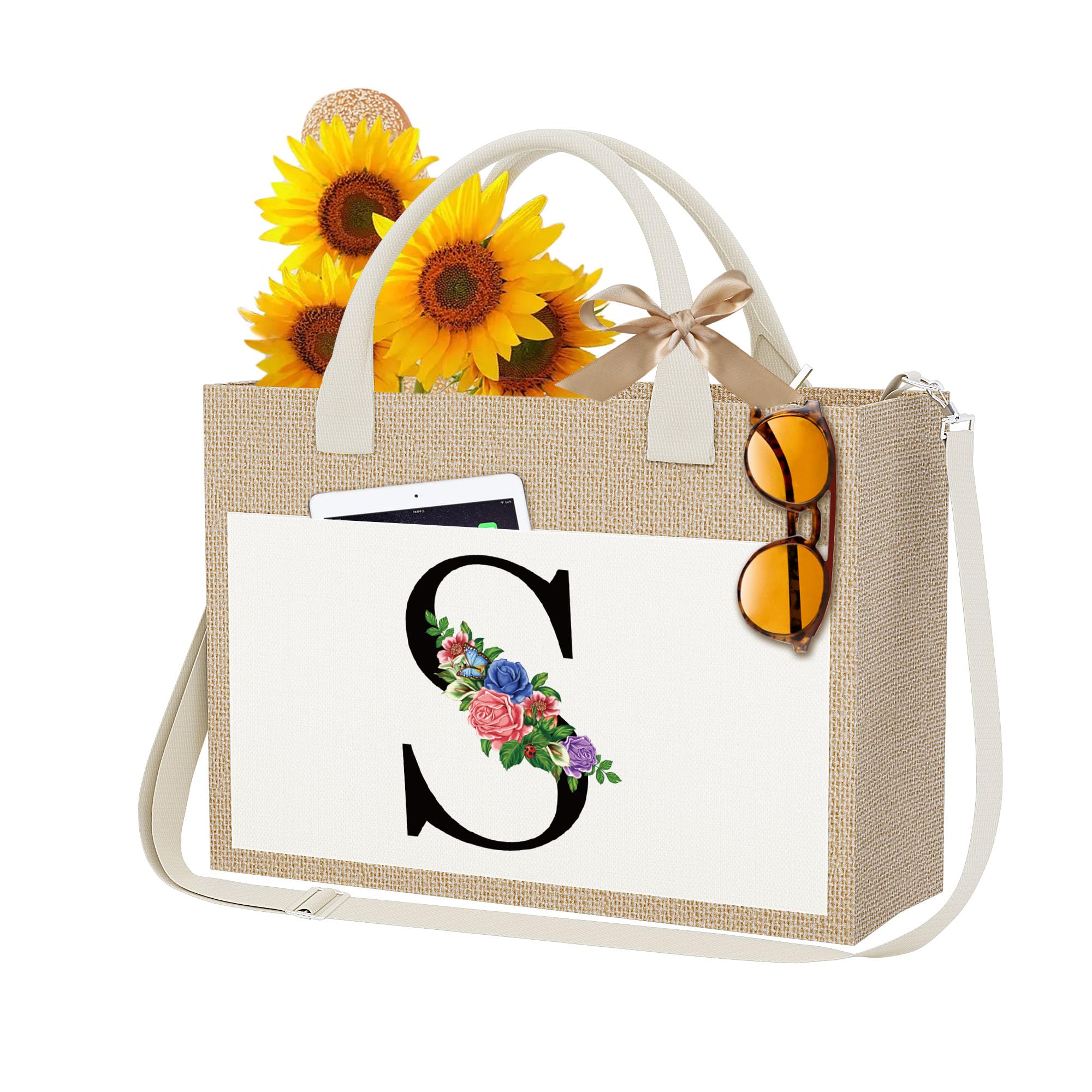 YOOLIFE Initial Jute Tote Bag with Zipper Pockets Adjustable Strap Travel Beach Bag Mothers Day Birthday Gifts for Her Women