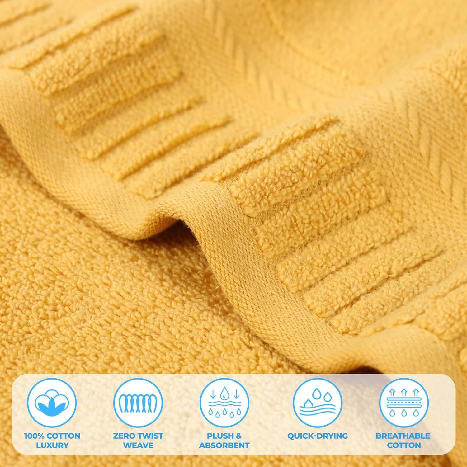 Superior Venice Zero Twist Cotton Medium Weight Small Towels, for Kitchen, Bathroom, Shower, Spa, Plush Essentials, Ribbed Textured Border, Face Towels Washcloths, Set of 12, Gold