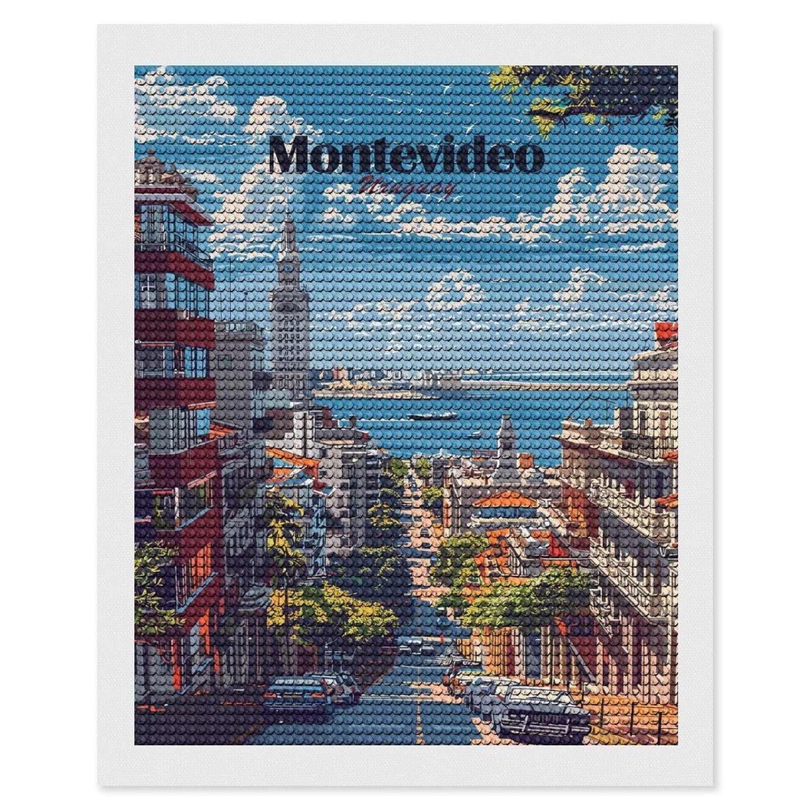 Junmoney Montevideo, Uruguay Cityscape Art Diamond Painting Canvas Set 16"x20", for Craft Lovers, Decorate Your Room, Festive Craft Gift, Vintage Style Decor