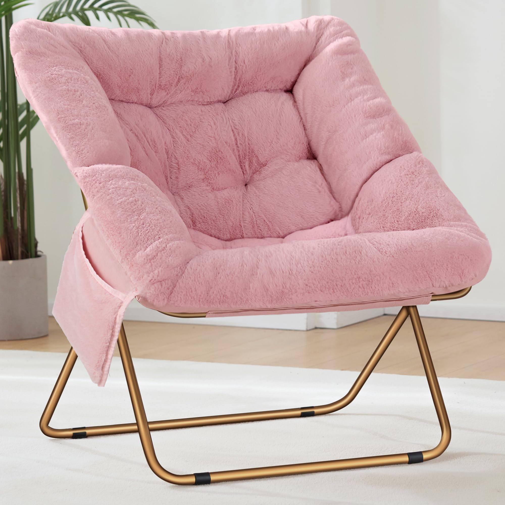Comfy Saucer Chair, Foldable Living Room Chairs, Soft Faux Fur Lounge Chair for Bedroom, Reading Chairs for Adults, Kids, X-Large (Faux Fur-Pink)