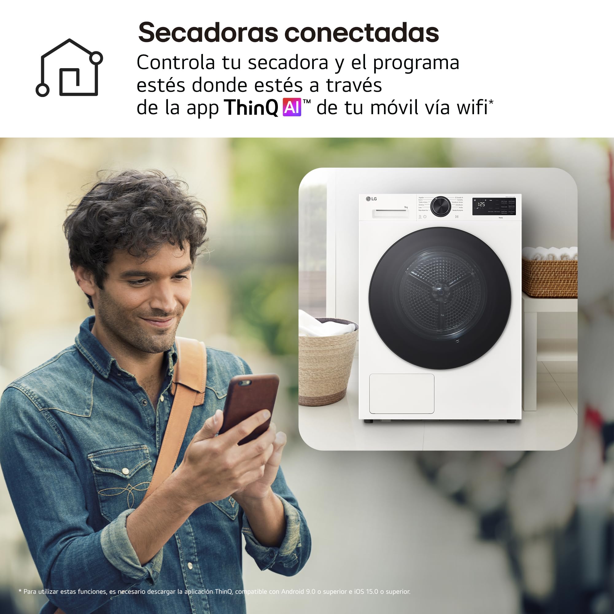 LG RHX5009TLB - Secadora con Inteligencia Artificial 9kg, Bomba de Calor Dual Inverter, Eficiencia Clase B, Serie 500, Tecnología AI Dry, Eco Hybrid, Conectividad Wi-Fi ThinQ, Blanco
