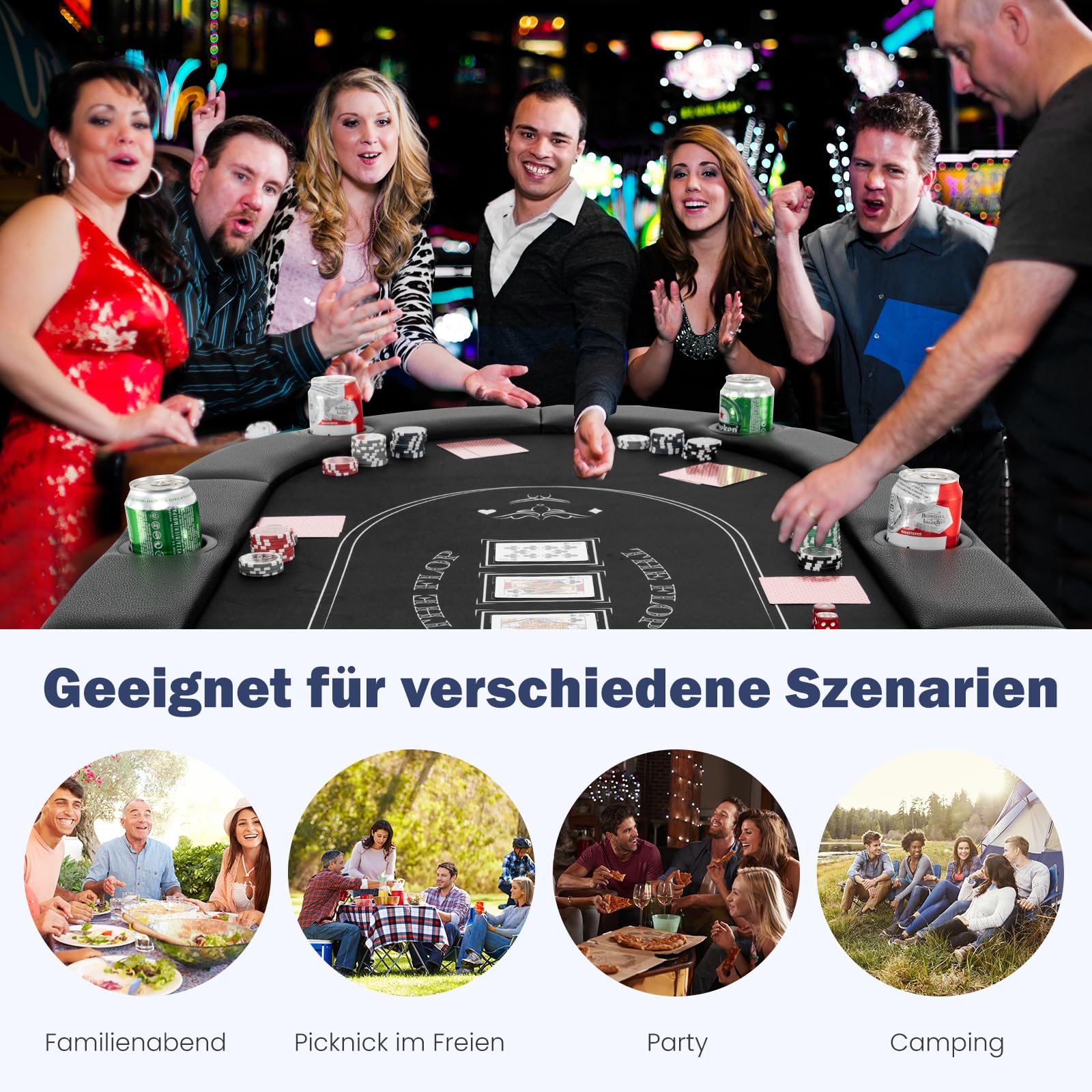 GOPLUS Pokertisch für 8 Spieler 182 cm klappbarer Kartenspieltisch mit Getränkehaltern aus Metall Schwarz
