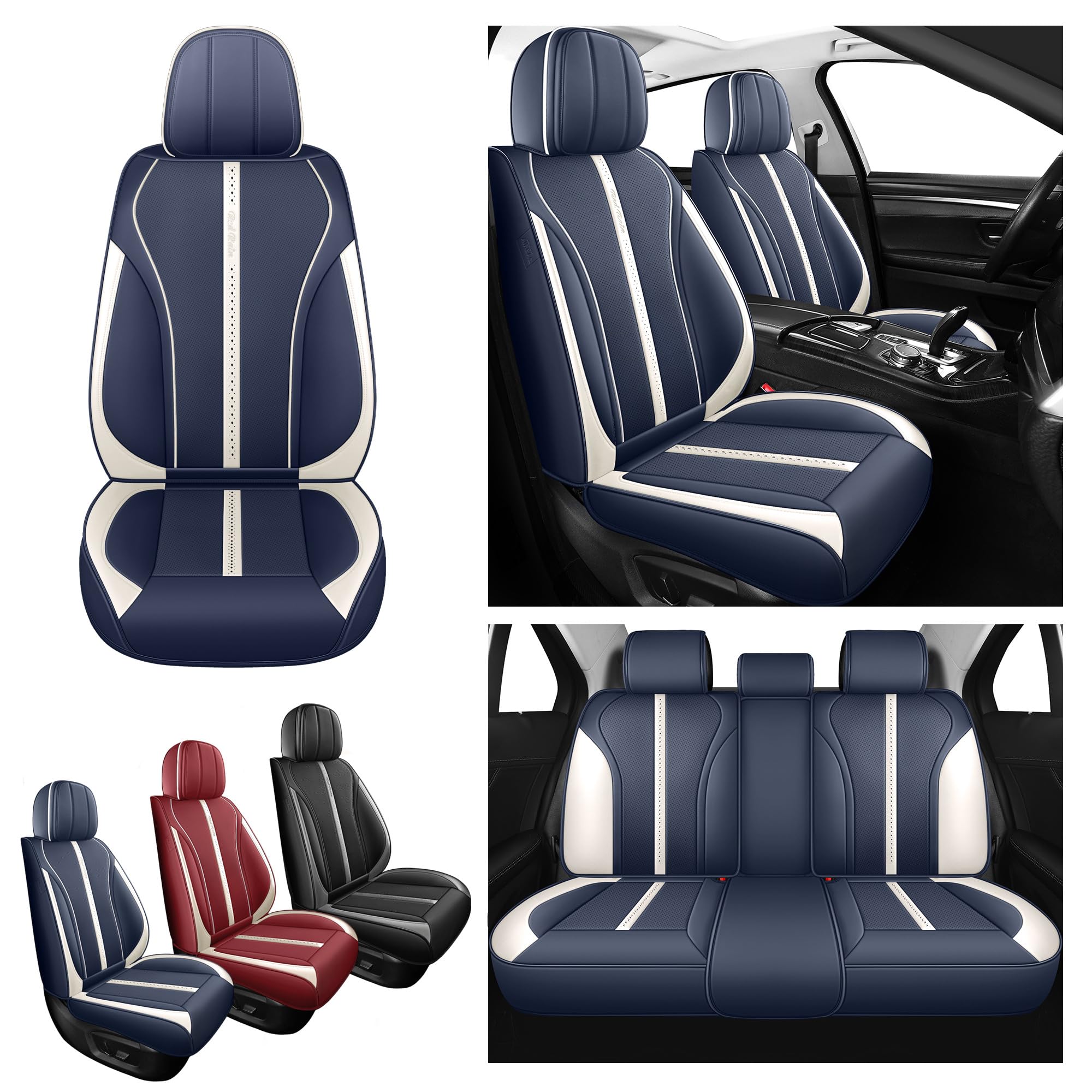 Full Coverage Blue Car Seat Covers Universal Seat Covers Leather Auto Seat Cushion Covers (R-Blue+White) — view 5