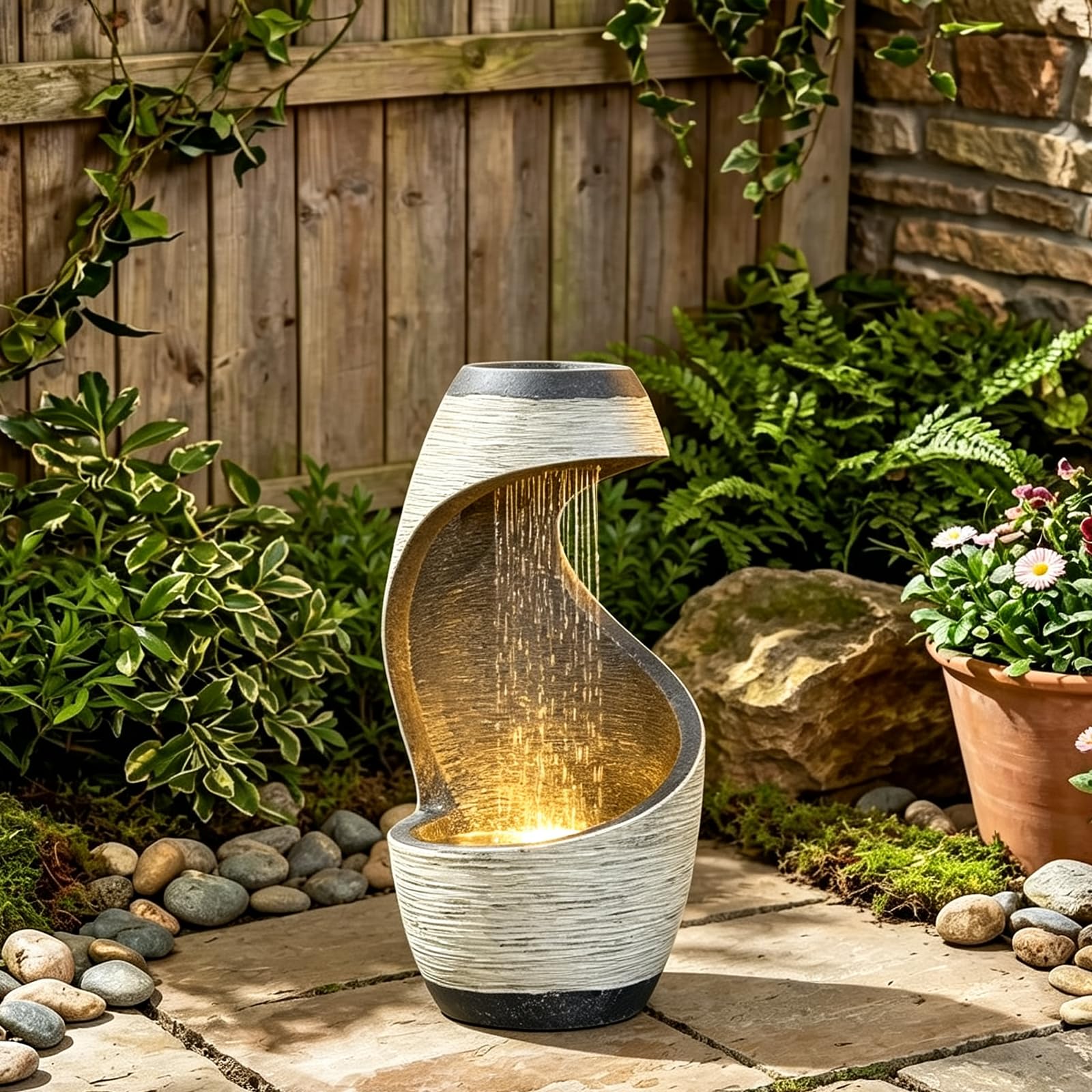 Bumilgar Outdoor & Indoor Water Feature with LED Lights, 50 cm Modern Resin Garden Waterfall Fountain, S-Shaped Garden Fountain for Yard, Balcony, Patio and Home Decor, White