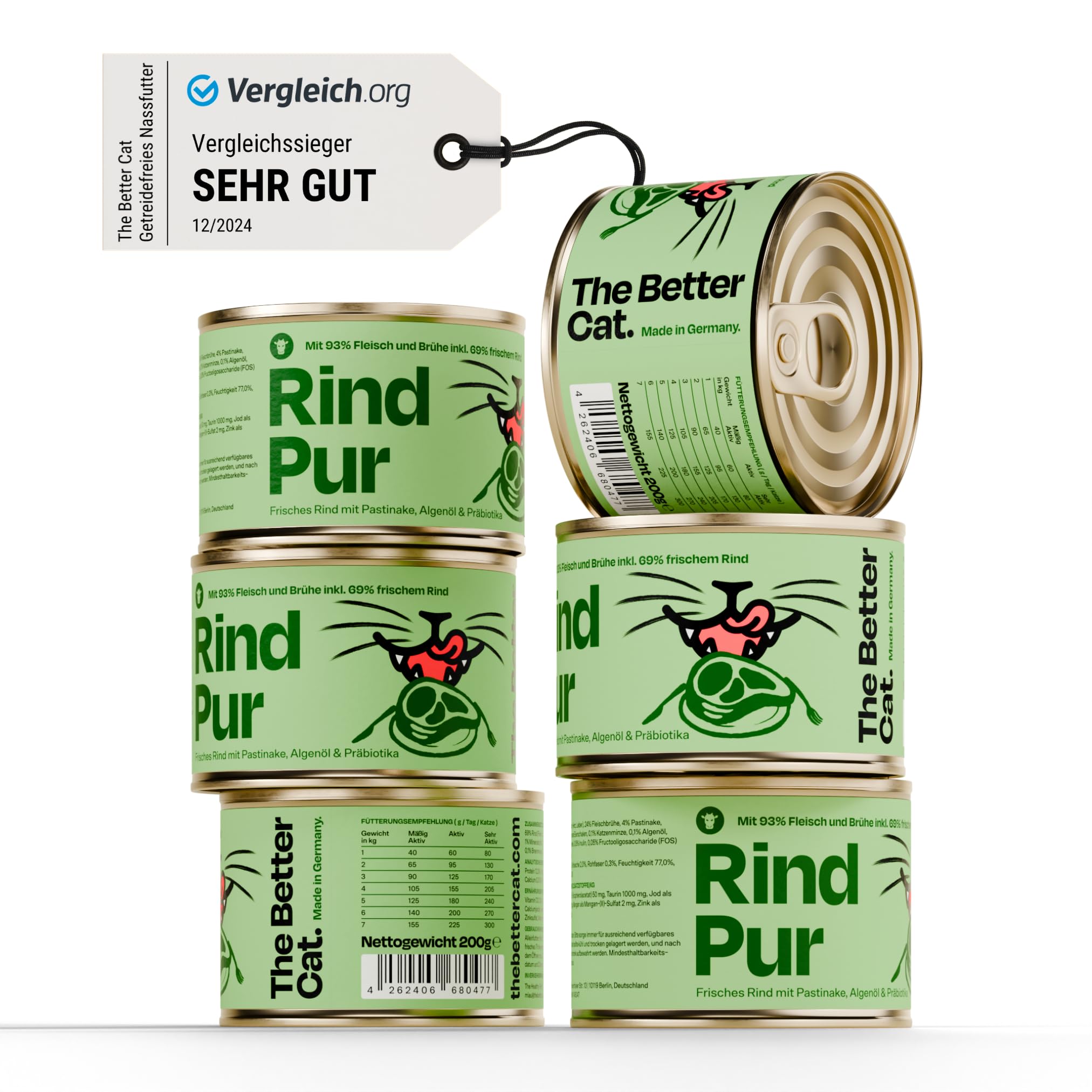 The Better Cat - Getreidefreies Nassfutter mit extra hohem Fleischanteil - Premium Katzenfutter ohne Getreide und ohne Zucker (200g, Rind)