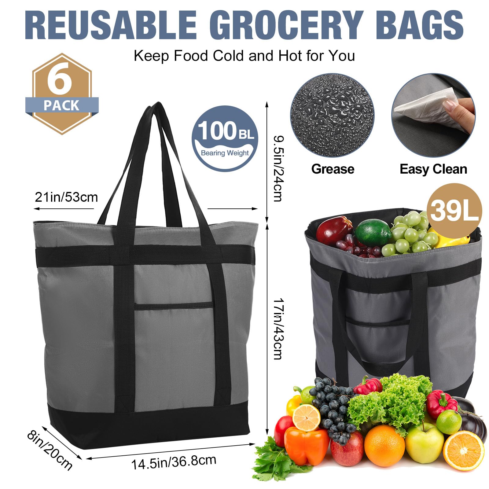 Pickmesh Paquete de 6 bolsas grandes aisladas plegables suaves a prueba de fugas con aislamiento de espuma térmica, bolsa de comestibles para entrega de alimentos, bolsa de mano para picnic, viajes,