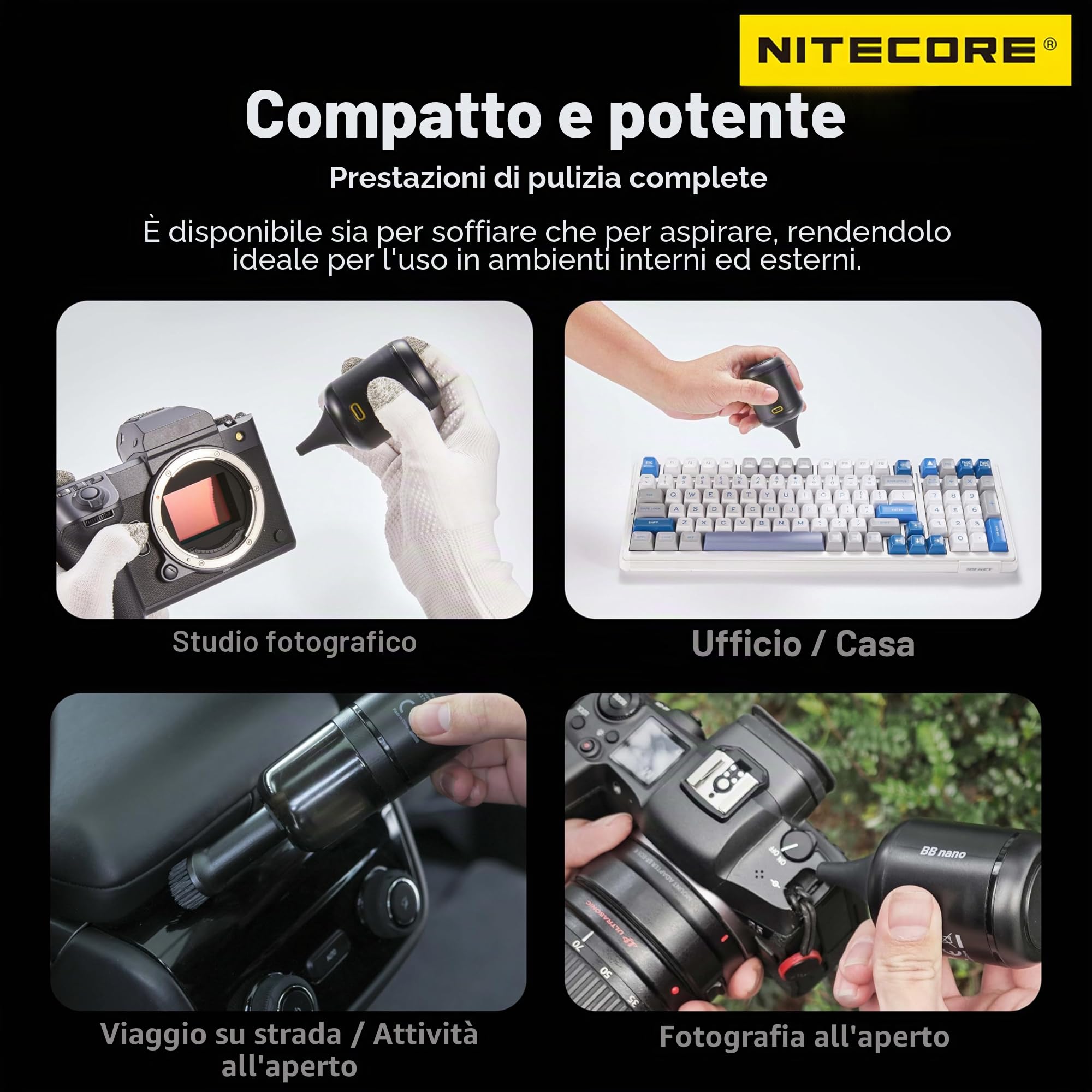 NITECORE BB Nano - Aeratore portatile versatile per fotografia elettronica, con kit di estensione NIA007, kit di pulizia migliorato NIA008, etichetta NITECORE