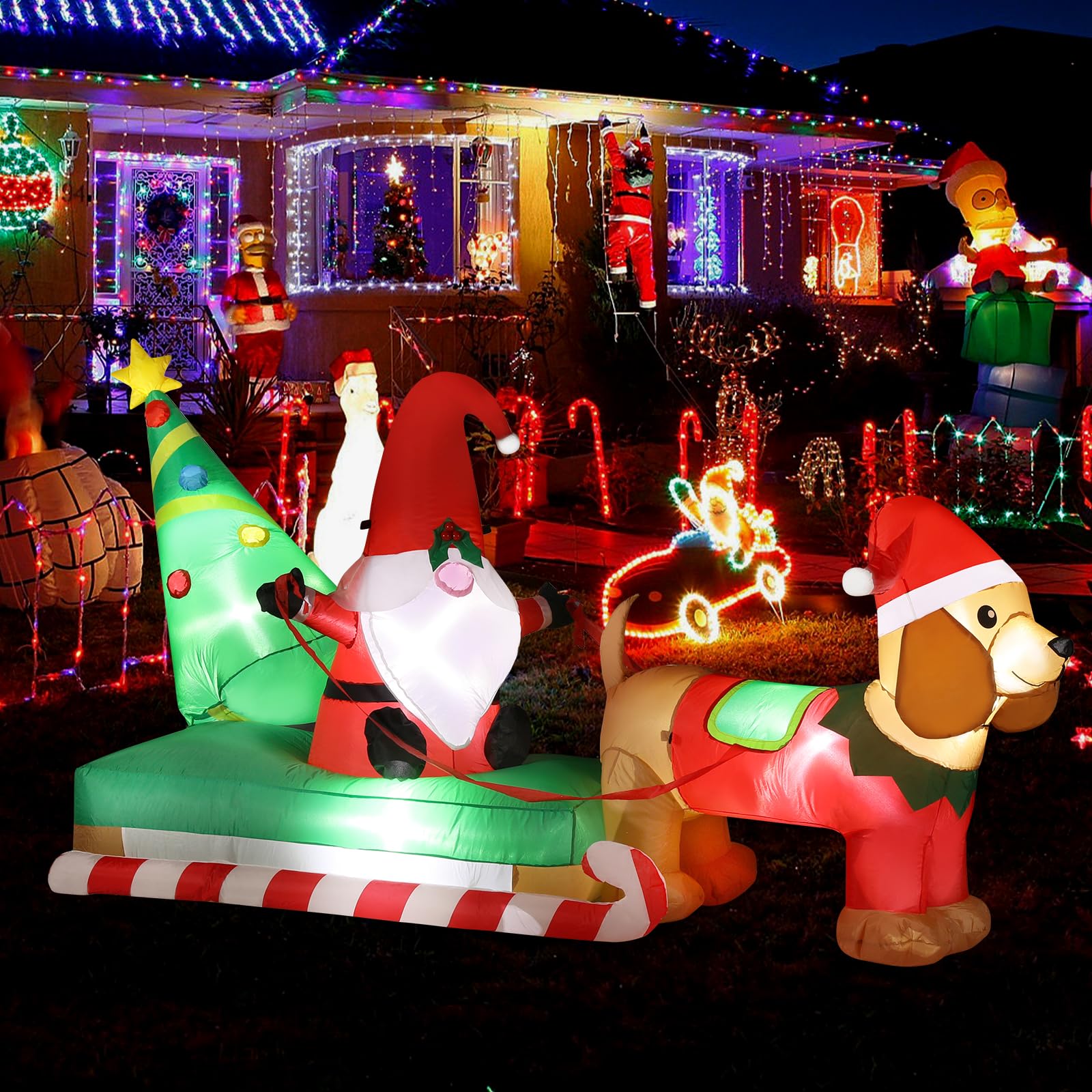 BLOOMWIN Aufblasbare Weihnachtsdeko Aussen - 2,5m Lang Aufblasbar Weihnachtsbeleuchtung Außen Figur Gnom Zwerg Dackel Schlitten Weihnachtsbaum Wetterfest XXL Deko Weihnachten Draußen Hof Garten