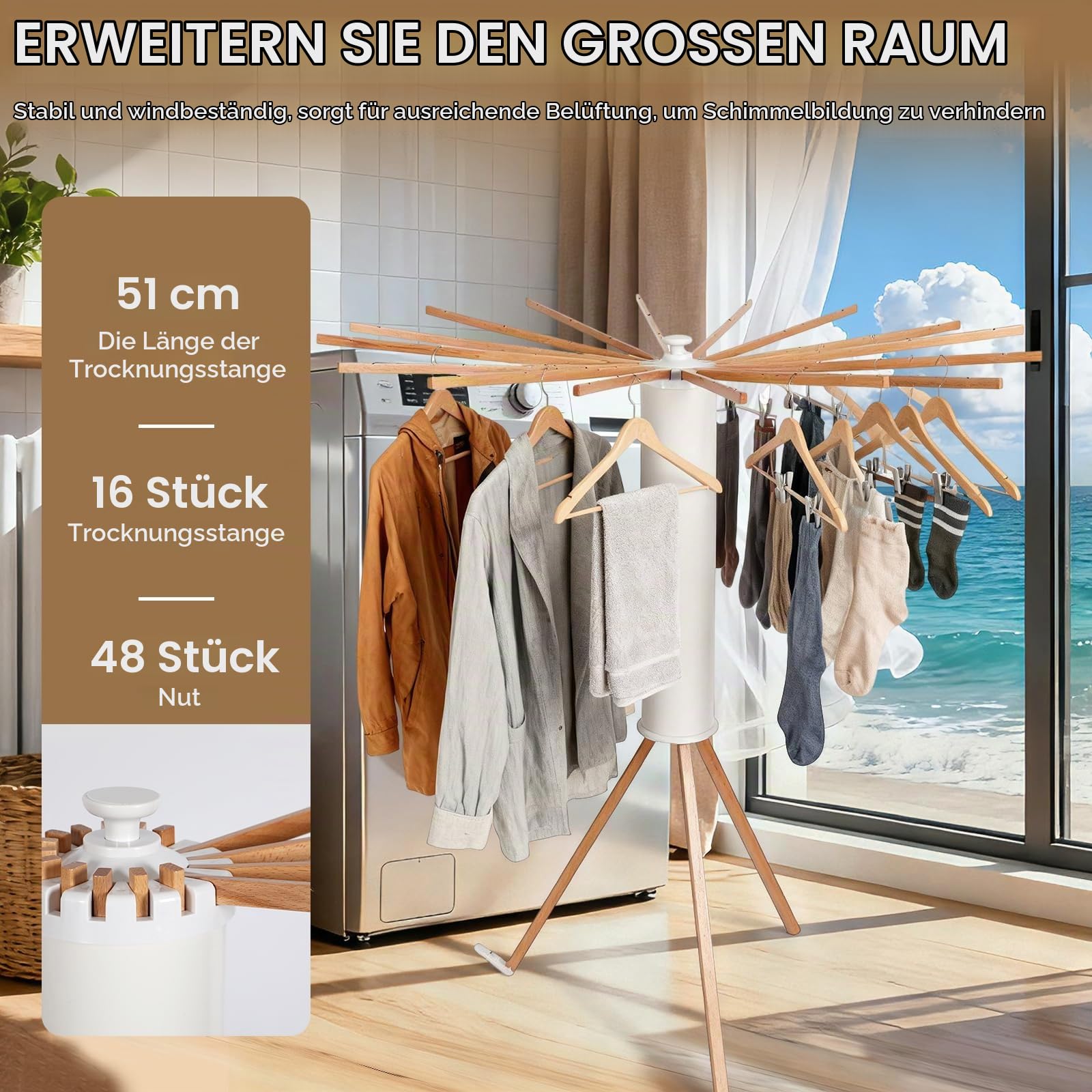 Wäscheständer Platzsparend,Faltbarer Wäschetrockner mit 16 Holzarmen & 48 Hängerplätzen,Moderner Trockenständer für Balkon,Innenbereich oder Waschküche,121cm Standtrockner -Bis 25kg (Weiß)