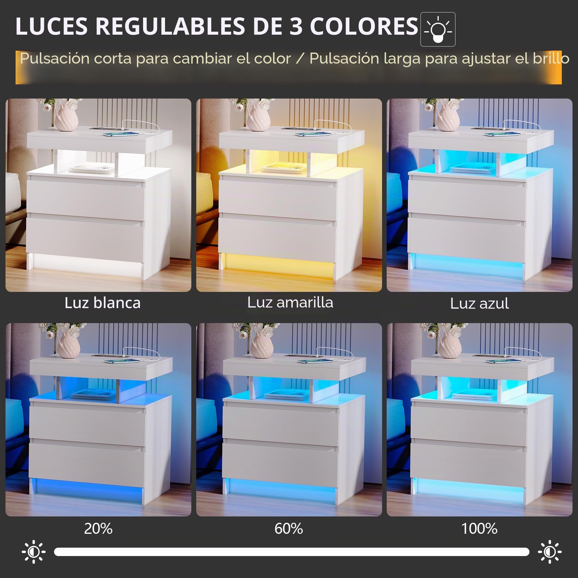 Vlsrka LED Mesita de Noche con Base de Carga, Moderna Mesita de Noche