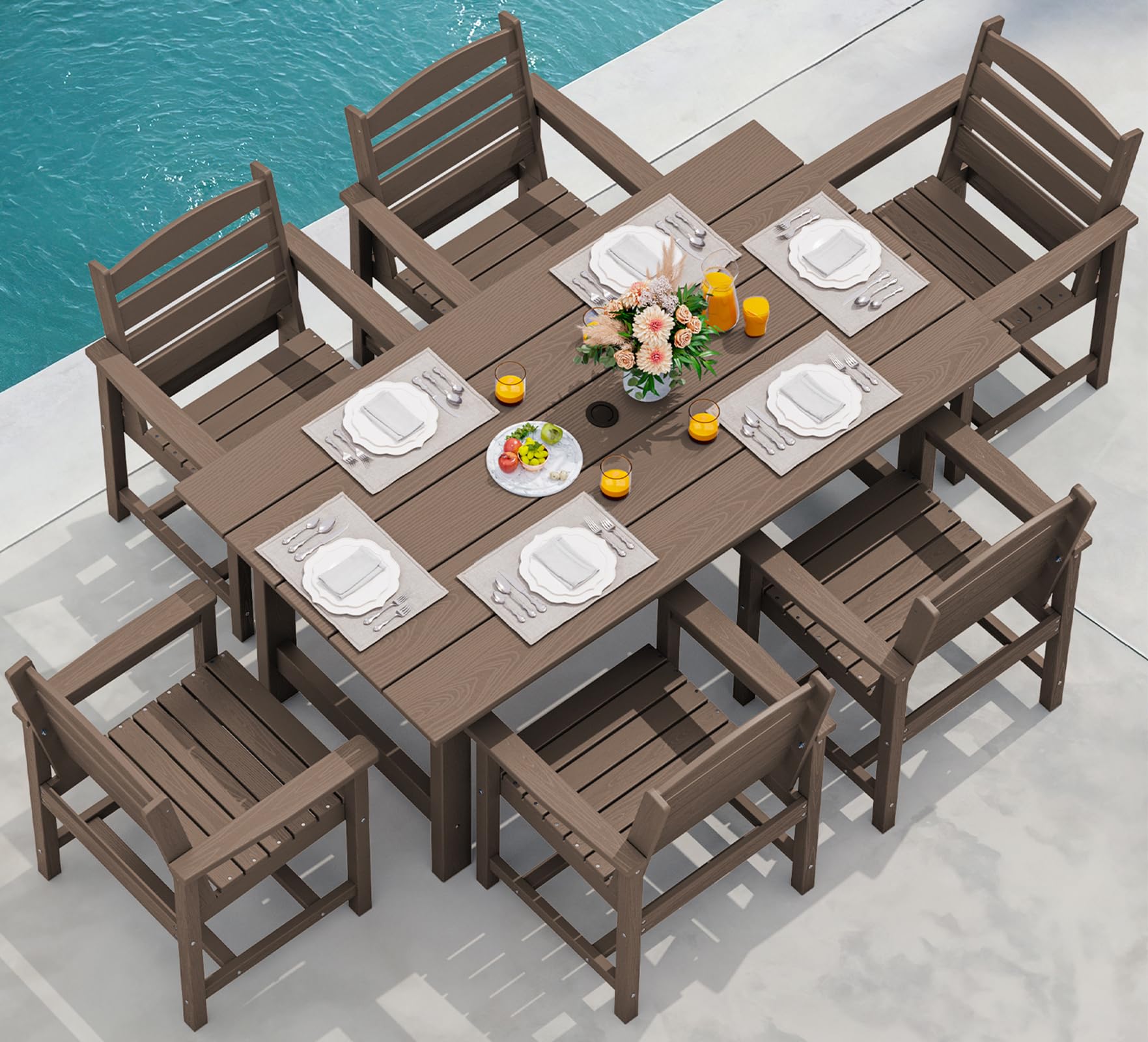 SERWALL 7 Pcs Outdoor Dining Set, 1 Umbrella Hole Table &amp; 6 Chairs, Coffee | HDPE Outdoor Dining Furniture with Rectangular Table &amp; 6 Chairs, All-Weather Resistant SERWALL Dining Set for 6
