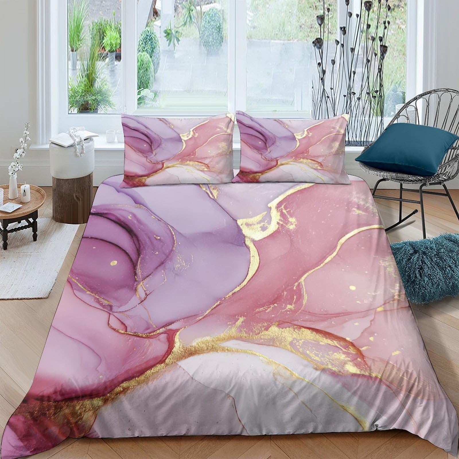 Ctjqhvkz Style-8 3D Printed Pink Marble Fitted Sheet Microfiber Soft Breathable Gold Vein Mattress Cover For Bedroom Dorm Decor Single（135X200cm）