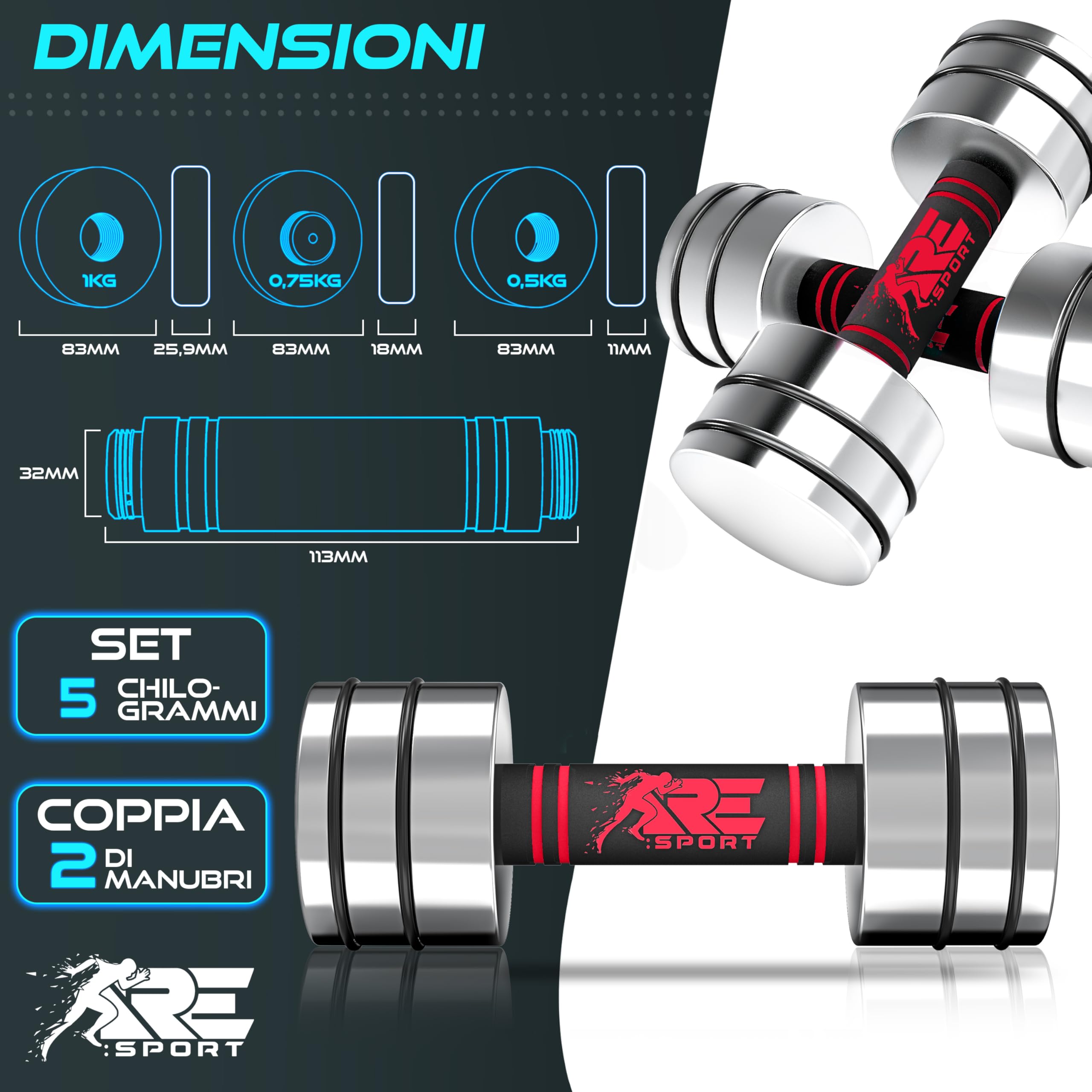 RE:SPORT Set di 2 manubri in acciaio massiccio, 2,5/5/7,5/10 kg, manubri corti con pesi e manico in gommapiuma, bilancieri per fitness, allenamento della forza e costruzione muscolare