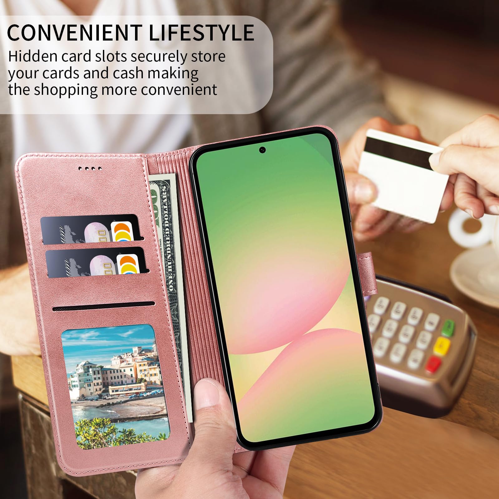 WAURZ Cover per Samsung Galaxy A56 5G Custodia Cover Pelle Libro con 2 Pellicola Vetro Temperato Protezione Schermo Portafoglio Porta Carte Antiurto Cuoio Flip Case Custodia Cover,Oro Rosa