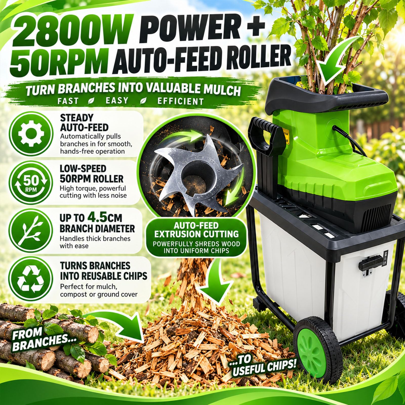 Broyeur De Bois Électrique,Broyeur De Végétaux,Fonction Marche Arrière