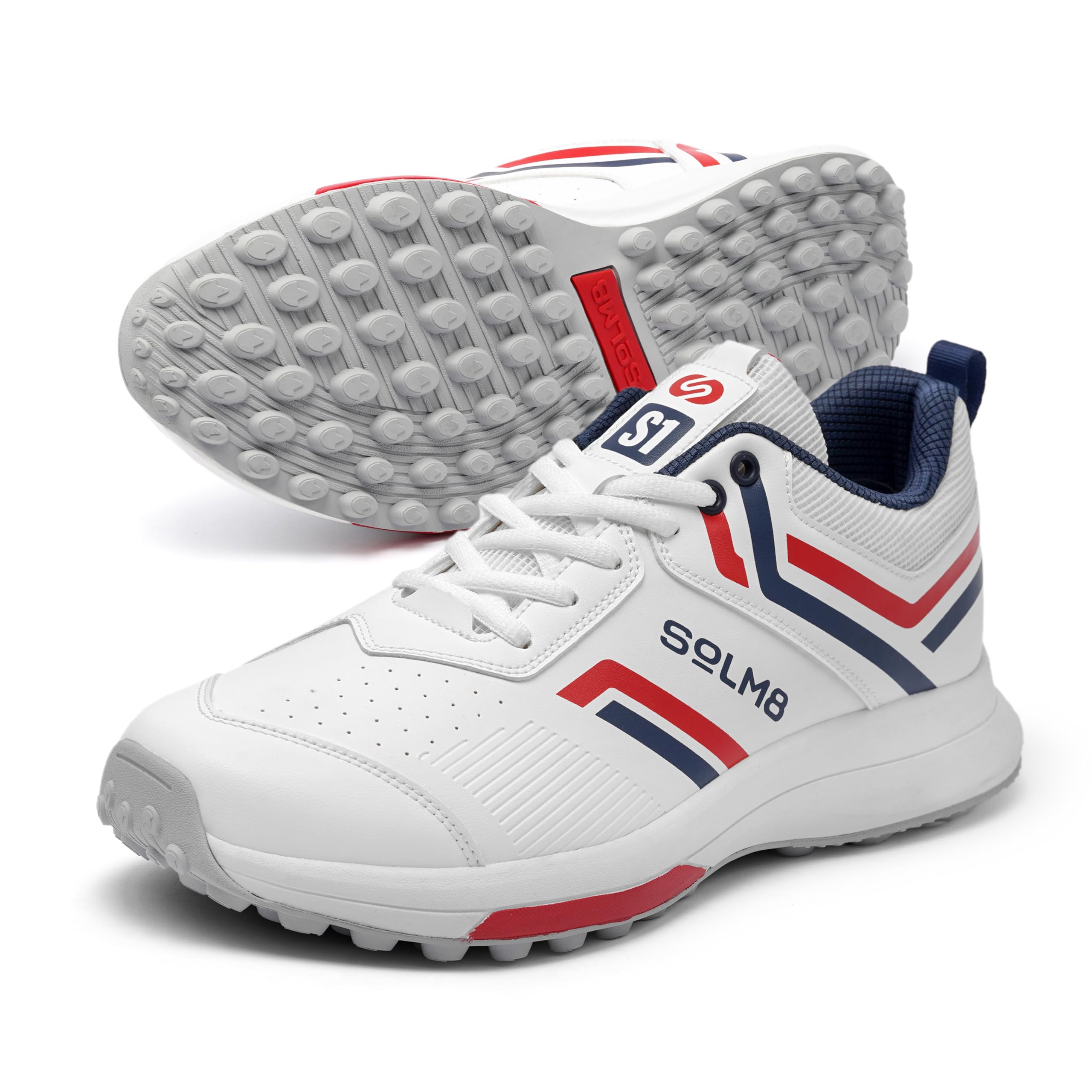 SOLM8 S1 Rubber Spikes - Lightweight Cricket Shoes for Men and Women - Durable Grip, Superior Protection (2025 Edition) Navy Red
