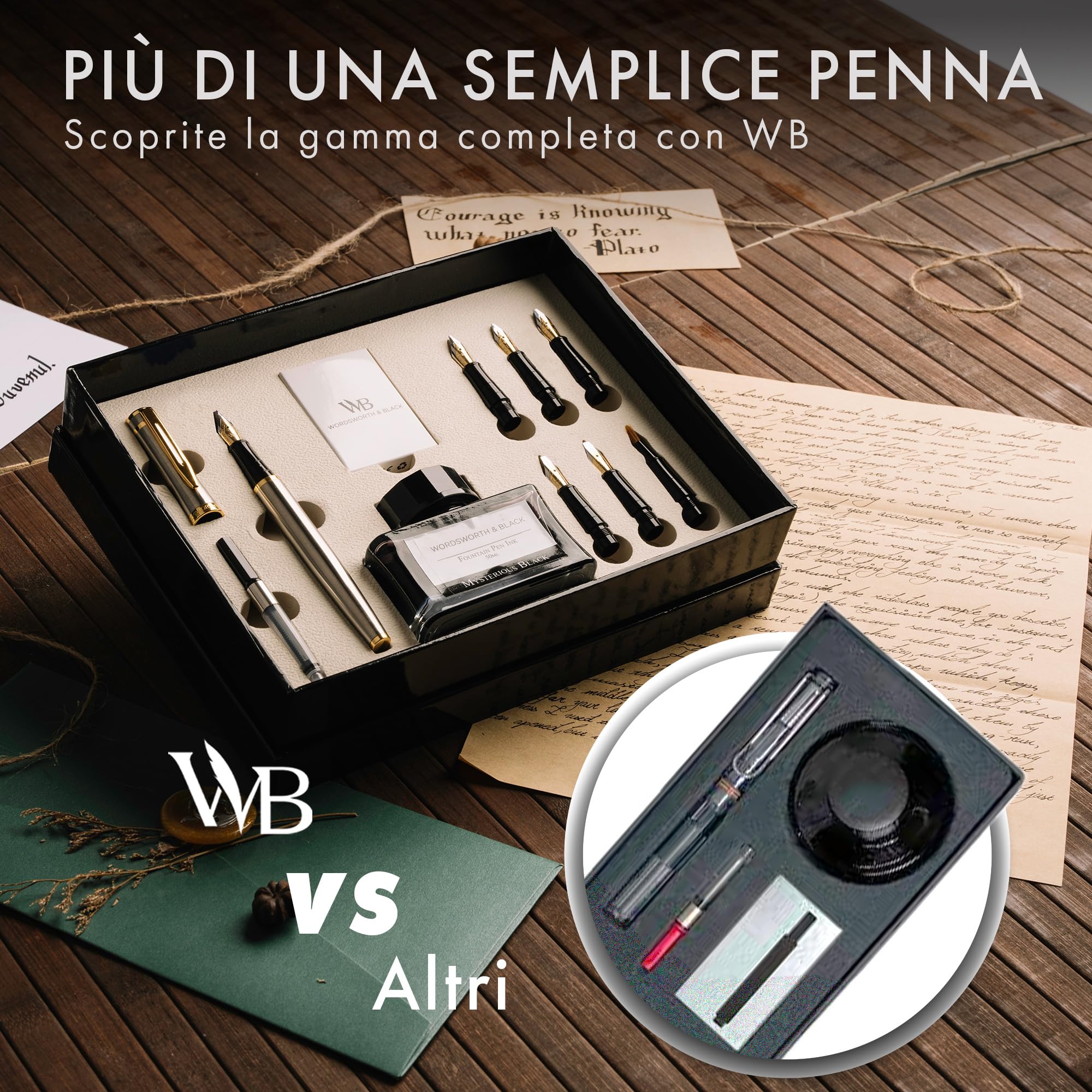 Wordsworth & Black Set Regalo Penna di Calligrafia, Include Bottiglia di Inchiostro, 6 Cartucce d'Inchiostro, Convertitore di Ricarica d'Inchiostro 6 Punte di Ricambio, Pacchetto Premium[Argento Oro]
