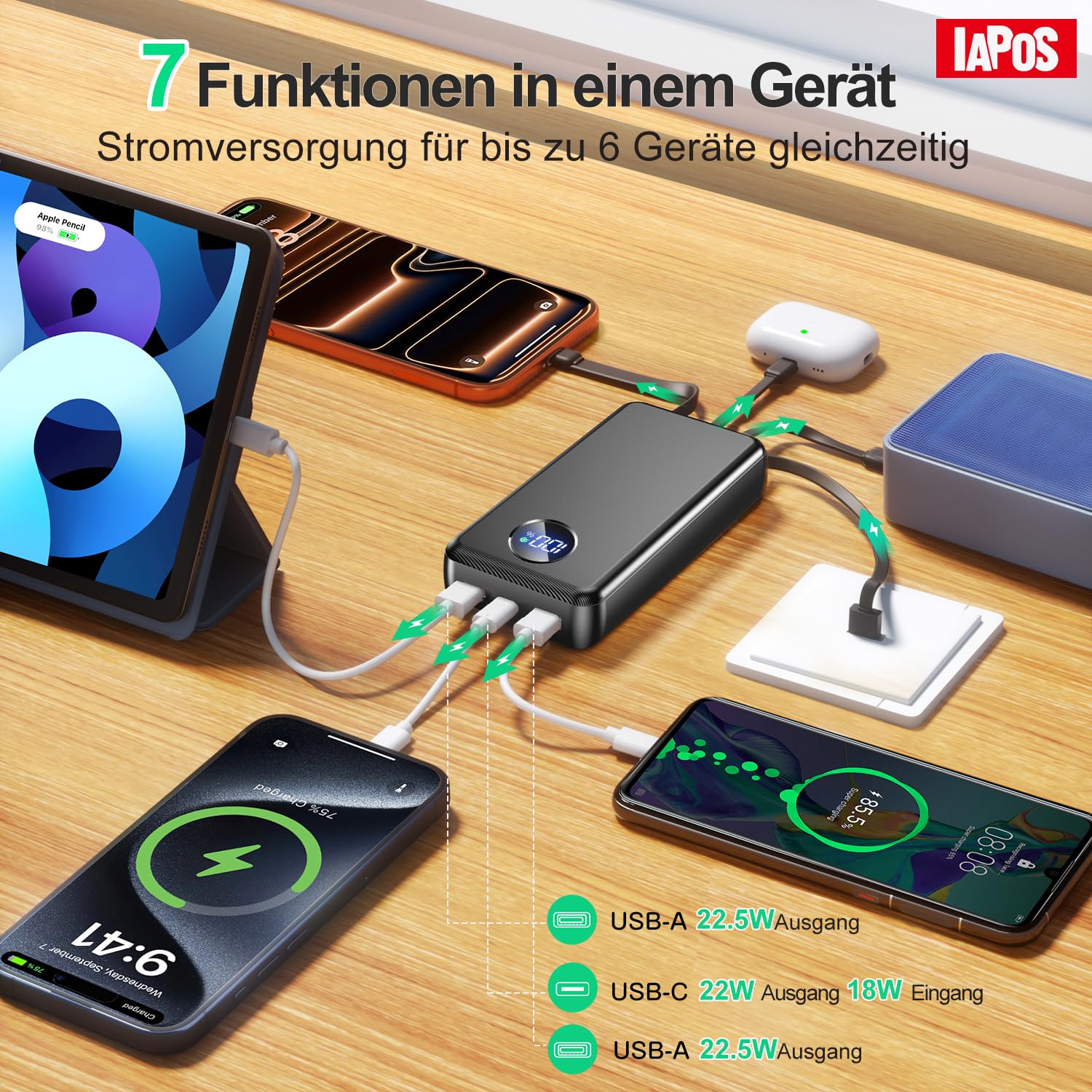 Powerbank - Batería externa de 26800 mAh con 3 puertos y 4 cables integrados, color negro