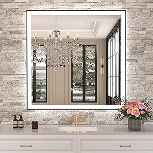 Amorho 36"x 36" LED Bathroom Mirror with Black Frame, Front Light and Backlit(Controlled Separately), Stepless Dimmable, Anti-Fog, Shatter-Proof, 3 Colors, Memory
