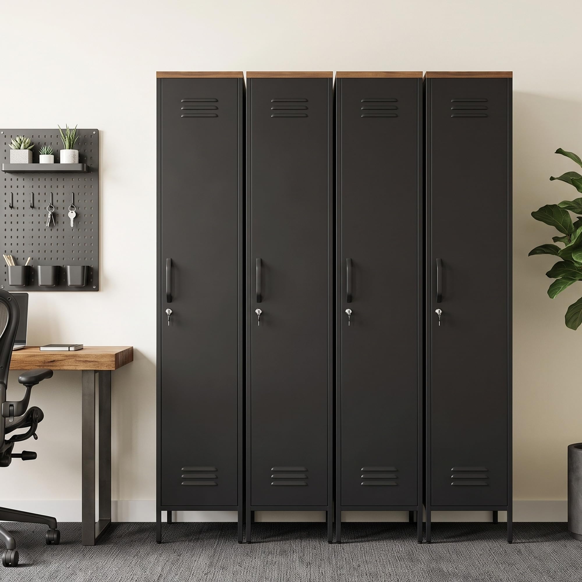 HOMCOM Armadietto Spogliatoio 35x46x183 cm Nero e Marrone Effetto Legno | Slim in Metallo, Chiusura a Chiave, Ripiani Regolabili, Armadio Metallico Multiuso, Industriale, per Casa Ufficio Garage
