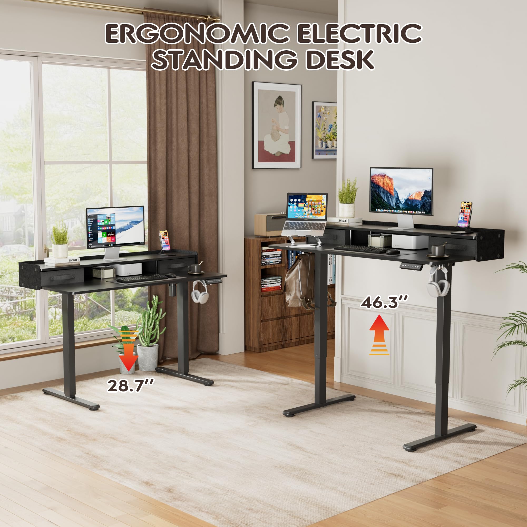 Furmax Electric Standing Desk with Two Drawers Ergonomic Stand Up Desk with Storage Shelf Height Adjustable Computer Standing — view 4