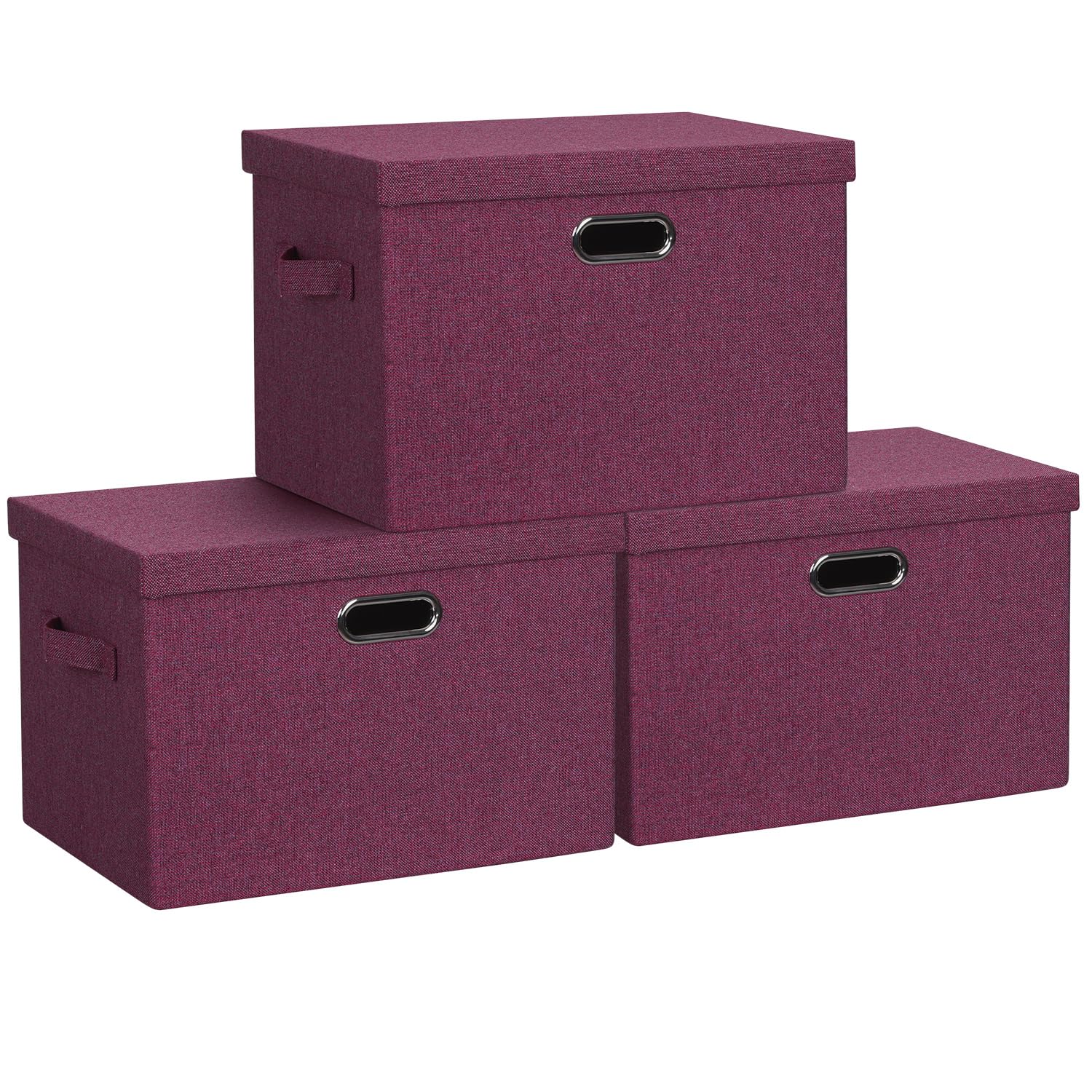 Large 17" 36 Quart Collapsible Stackable Storage Bins with Lids, 3 Packs Purple Linen Fabric Closet Boxes with Lids, Storage Cube Baskets Container Organizers for Bedroom Office (17x12x11)