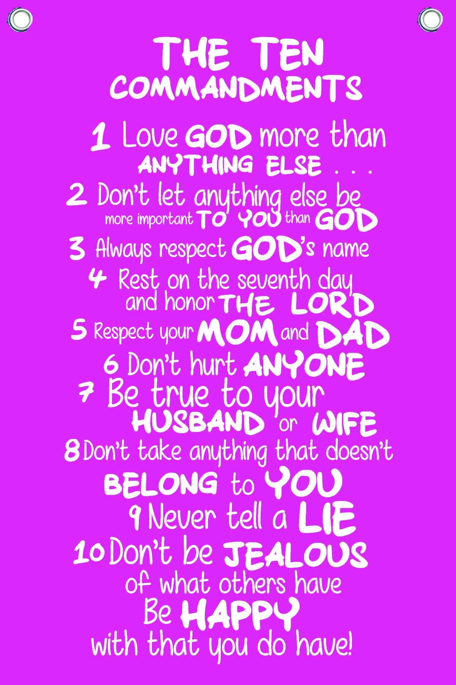 The Ten Commandments for Kids - Wall Quotes Canvas Banner - In Pink - 12" Wide By 18" High