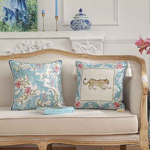 Miniatura 2 de Juego de 2 fundas de almohada de diseño para sofá de 18 x 18 pulgadas, funda de almohada vintage de lino francés con patrón de guepardo y colgante