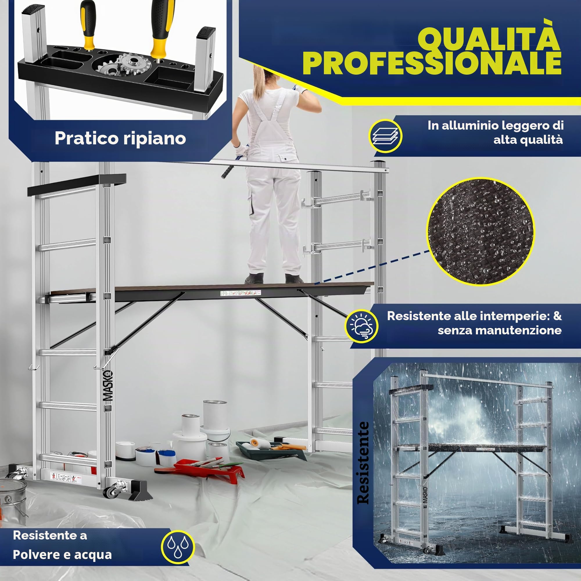 Masko® Ponteggi Telaio in alluminio Struttura Scala da ponteggio, Piattaforma lavoro | Caricabile fino a 150 KG | Rivestimento antiscivolo | | Testato GS (EN 131)