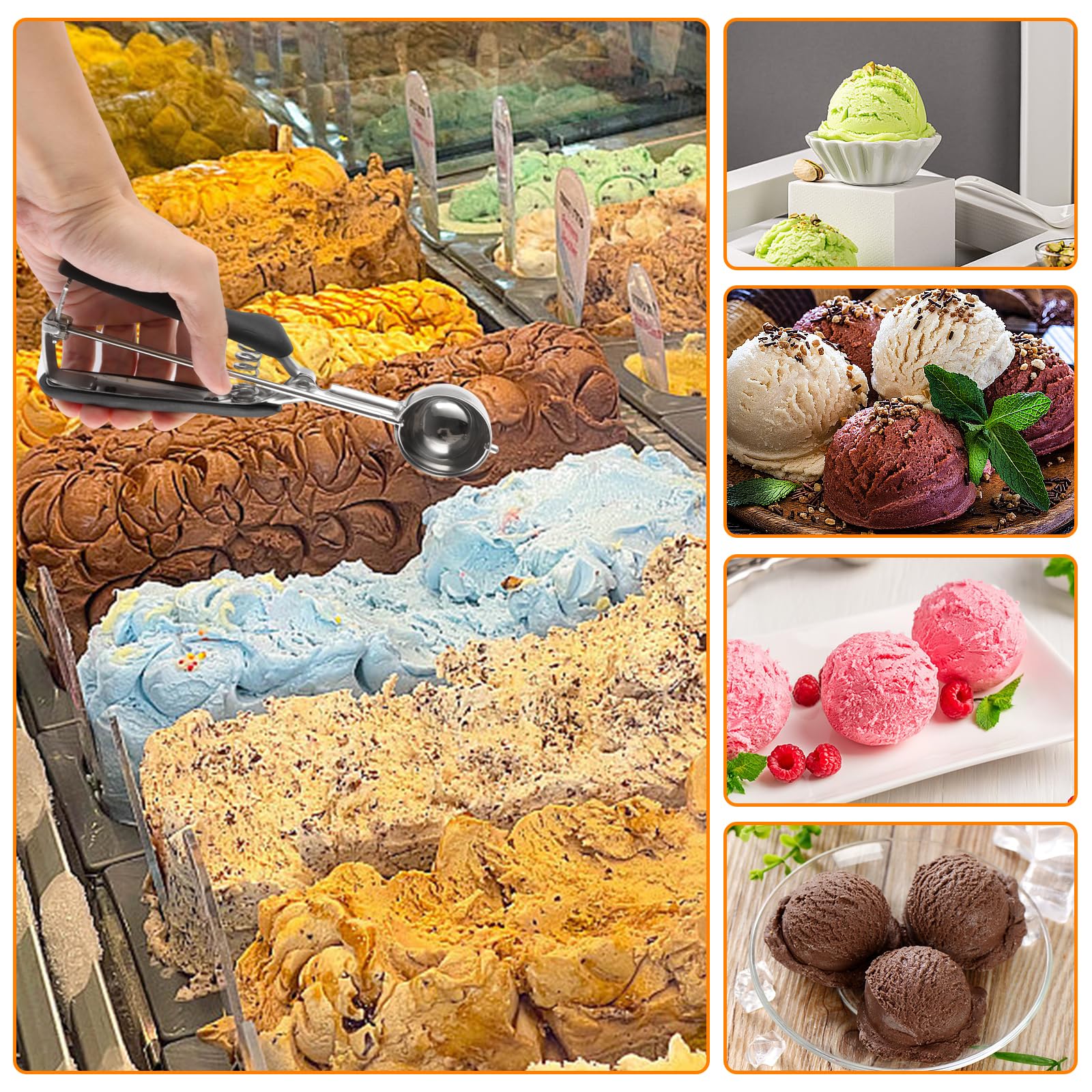 Juego de 3 Cuchara Helado Acero Inoxidable, Cuchara para Helado con Gatillo 3/4/5 cm, Sacabolas para Postres Masa Melon Galletas Cocina Diaria Negra