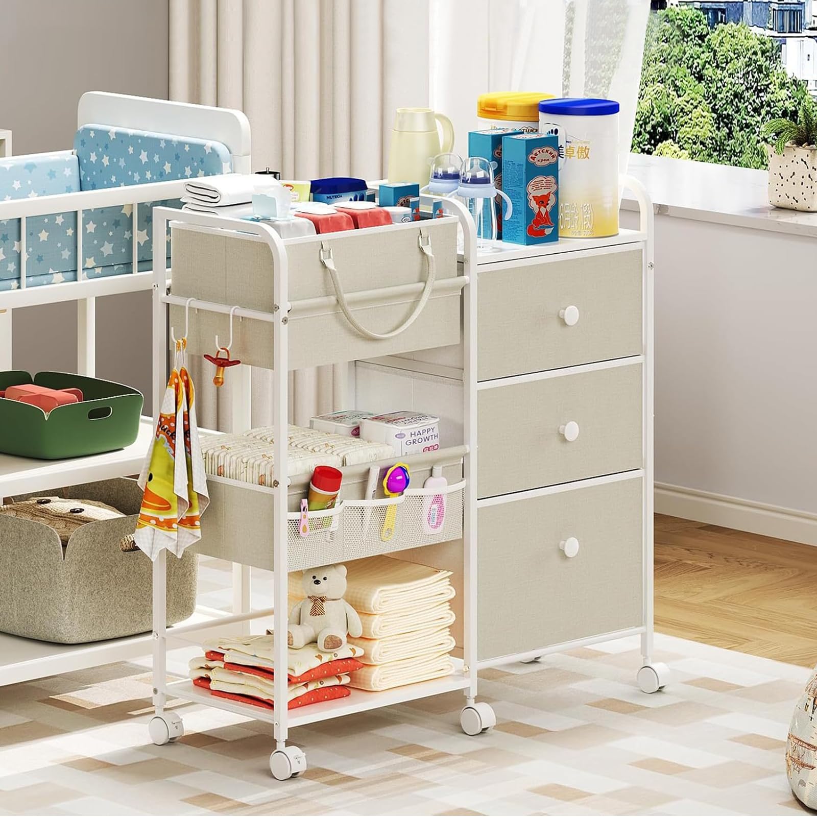 Chariot de Rangement Bébé 2-en-1 à roulettes, Organisateur Multi-Fonction avec Tiroirs et Compartiments, Grande Capacité pour Table à Langer, Lit, Berceau et Chambre de Bébé(Blanc)