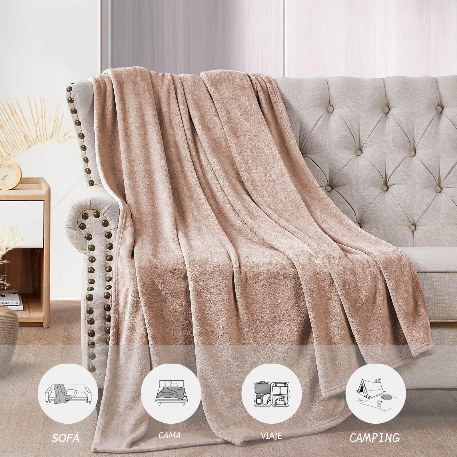FARFALLAROSSA Manta Grande para Cama 150 y Sofá, Cubrecama de Franela Polar Súper Suave y Cálido para Invierno, Oeko-Tex, 210 x 240 cm Beige