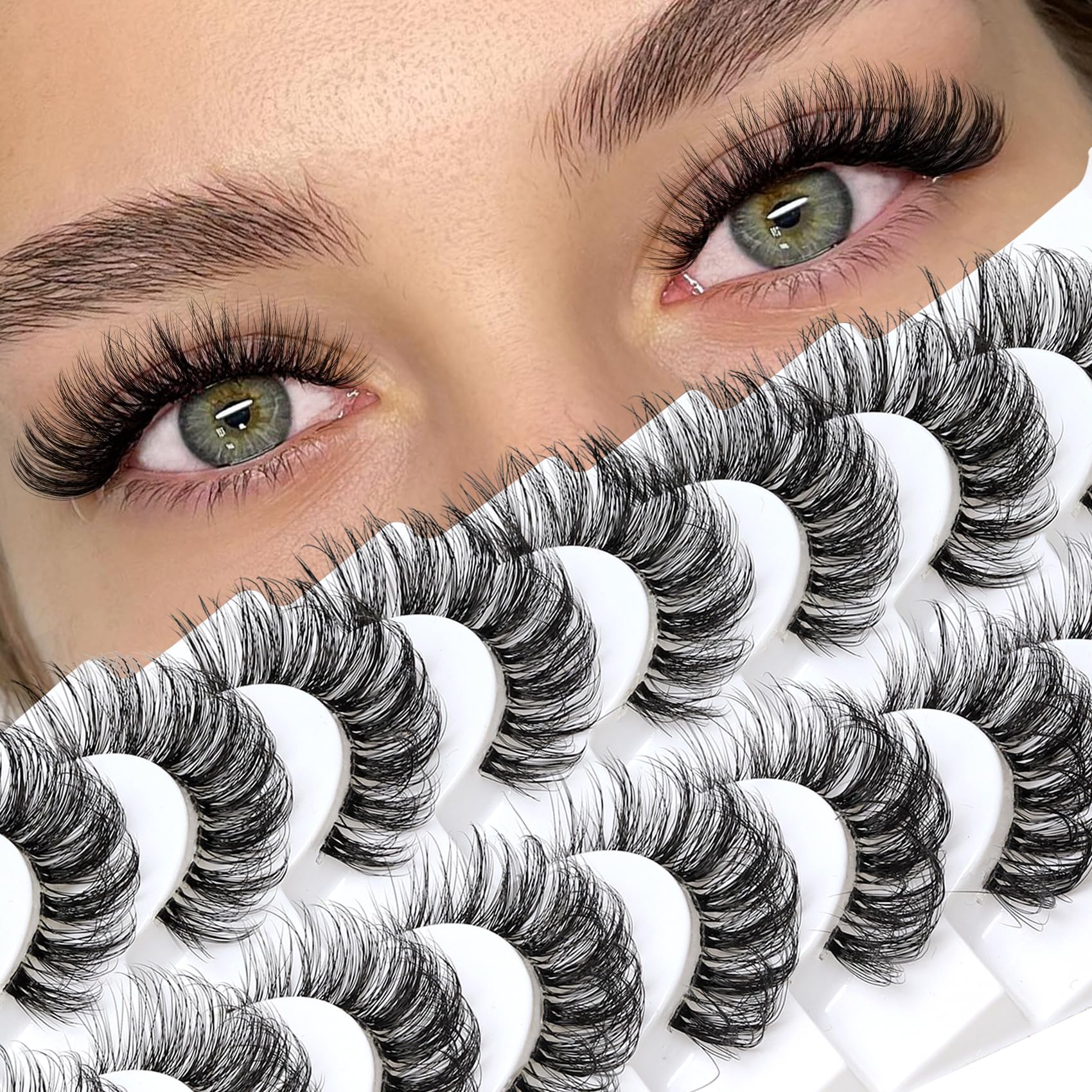 Veleasha Lashes Russian Strip Lashes Eyelashes with Clear Band Looks Like Eyelash Extensions D Curl Lash Strips 10 Pairs Pack (DT01)