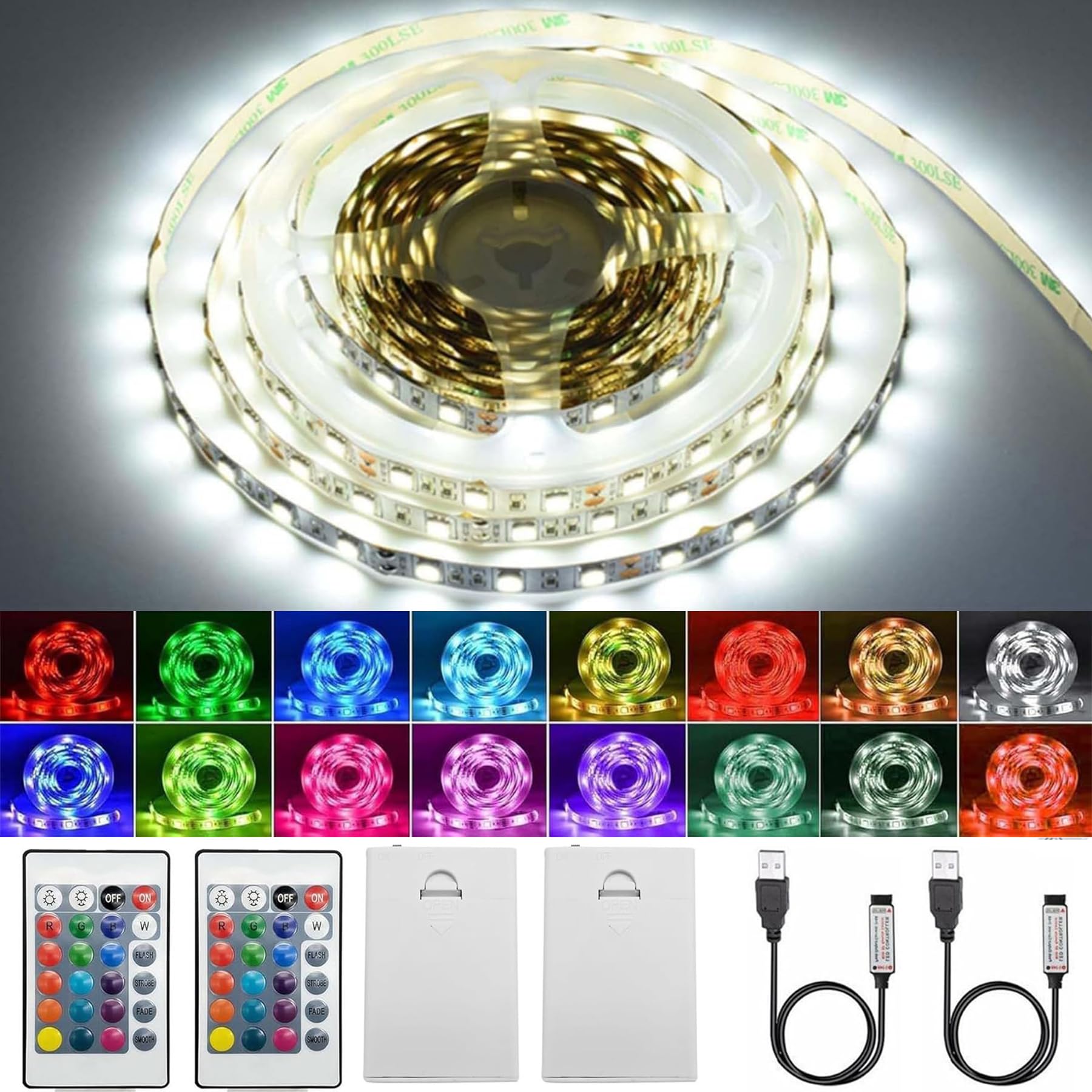 Pack of 2 LED Strip Battery, 1 m RGB 5050 LED Strip Battery Operated or USB Battery Operated, Remote Dimmable 16 Colours, LED Strip with Remote Control for Cabinets, Stairs, Kitchen, Beds