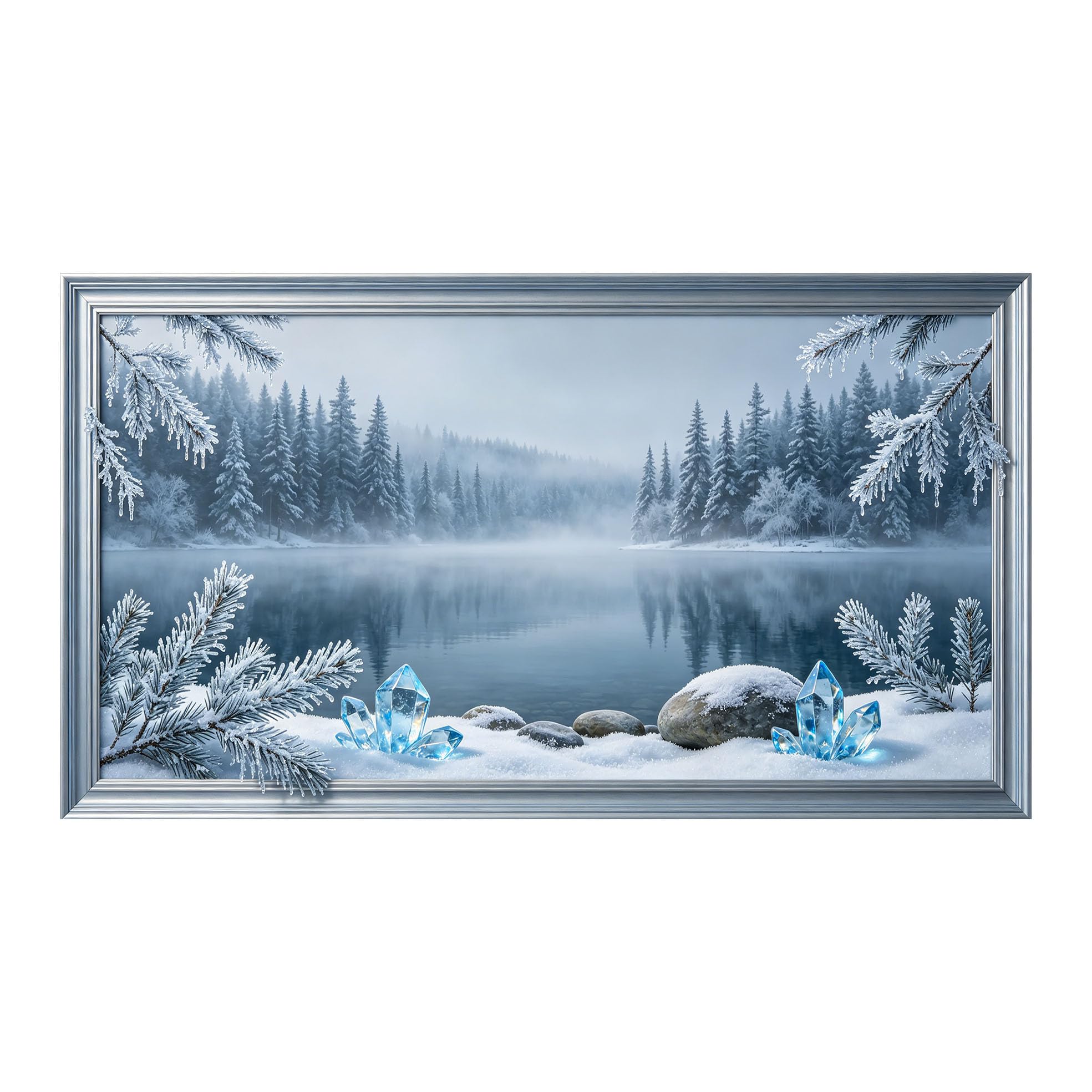 Yzpallescene 3D Framed Wall Art 50cm×100cm Winter Lake Forest Crystal Stones Realistic Scenic Panoramic Large Size SelfAdhesive Removable Wall Decor Prints Artwork for Living Room Bedroom Office
