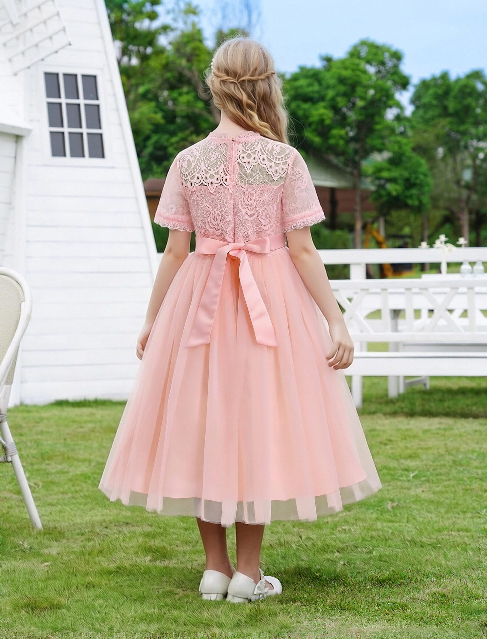 Vestido de encaje de manga corta para niñas, cuello redondo, tutú de tul, vestido de princesa, para cumpleaños, dama de honor, boda, fiesta, concurso, primera comunión, vestido de graduación