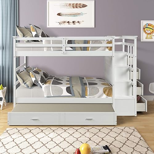 Miniatura 205 de Litera individual sobre matrimonial con cajones, escalera deslizante y almacenamiento, litera de madera con barandilla alta y escalera para niños,