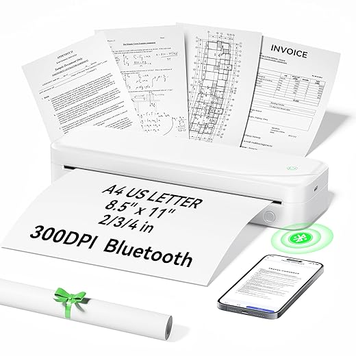 Portable Printers Wireless for Travel, Inkless Thermal Printer Support 8.5" X 11" US Letter & A4 Size, Mobile Bluetooth Printer Compatible with iOS, Android & Laptop for Home Office Car (White)