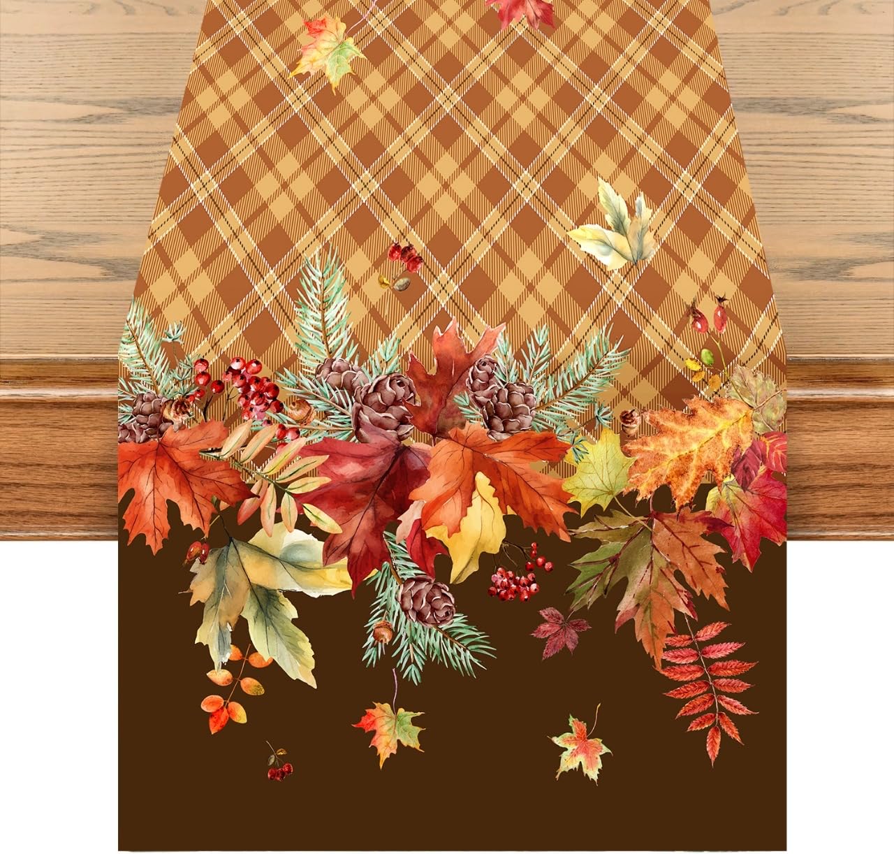 Khevga Brown Autumn Table Runner 140 X 40 Cm - Autumn Table Decoration With Leaves, Cones And Berries - Perfect Decoration For Autumn, Dining Table, Living Room And Kitchen