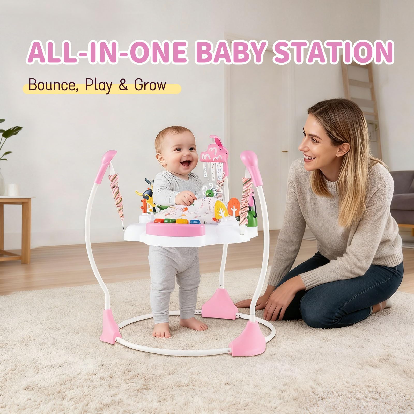 COSTWAY Baby Activity Center, Baby Jumpers & Bouncers with 360° Rotary Seat, Music, Lights, 3 Adjustable Heights, Interactive Toys, for Ages 6 Months + (Pink) — view 9
